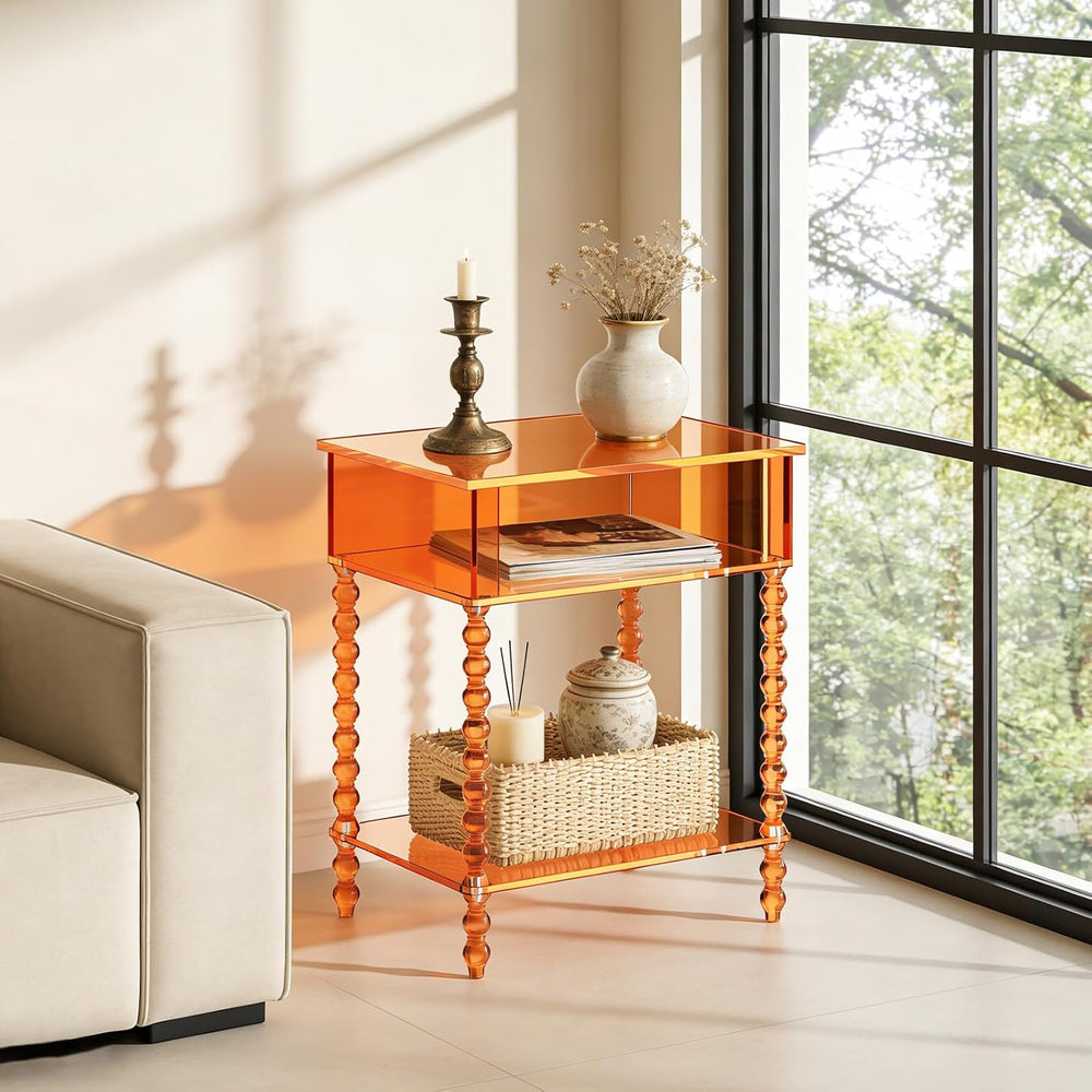 16inch Acrylic End Side Table, 3 Tier Orange End Table with Large Storage Mod...