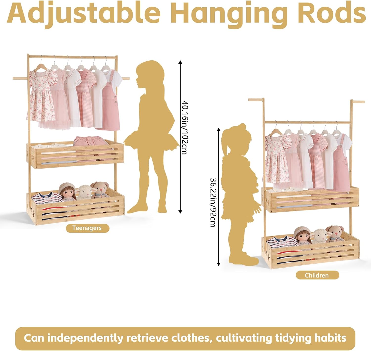 Extra Large Kids Clothing Rack for Toddler, Pet Clothes Rack with Double Storage Baskets & Hanging Rod, Baby Clothes Closet Stand for Nursery Room