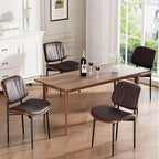 Dining Chairs Set of 6, Mid-Century Modern Upholstered PU Leather Chairs with Walnut Bentwood Back and Metal Legs Adjustable Feet for Kitchen Dining Room, Dark Brown Shell Strips