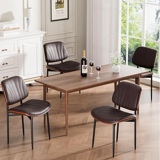 Dining Chairs Set of 6, Mid-Century Modern Upholstered PU Leather Chairs with Walnut Bentwood Back and Metal Legs Adjustable Feet for Kitchen Dining Room, Dark Brown Shell Strips