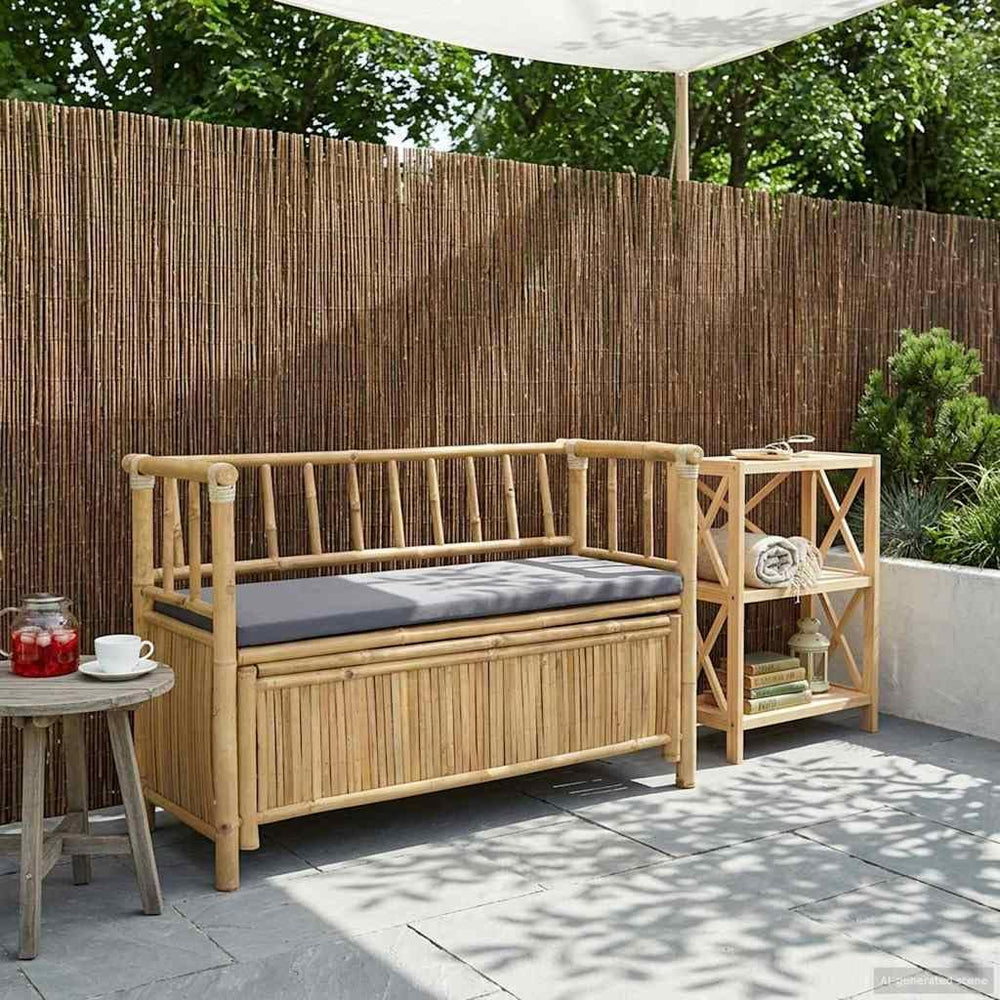 Bamboo Garden Storage Bench 110 x 47 x 80 cm, Outdoor Patio Seat with Hidden ...