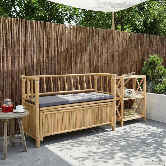 Bamboo Garden Storage Bench 110 x 47 x 80 cm, Outdoor Patio Seat with Hidden Compartment, Natural Finish Post Leg Design for Indoor or Outdoor Use