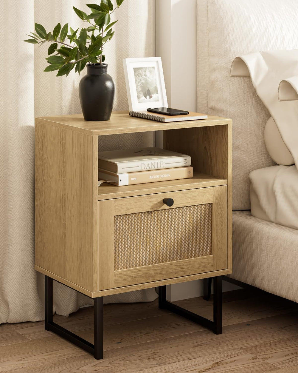 Masupu Extra Large Rattan Nightstand,Modern Boho Farmhouse Wood Bedside Table...