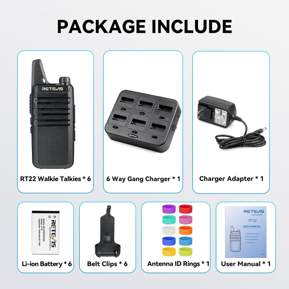 Retevis RT22 Commercial FRS Walkie Talkies Rechargeable Long Range (6 Pack)