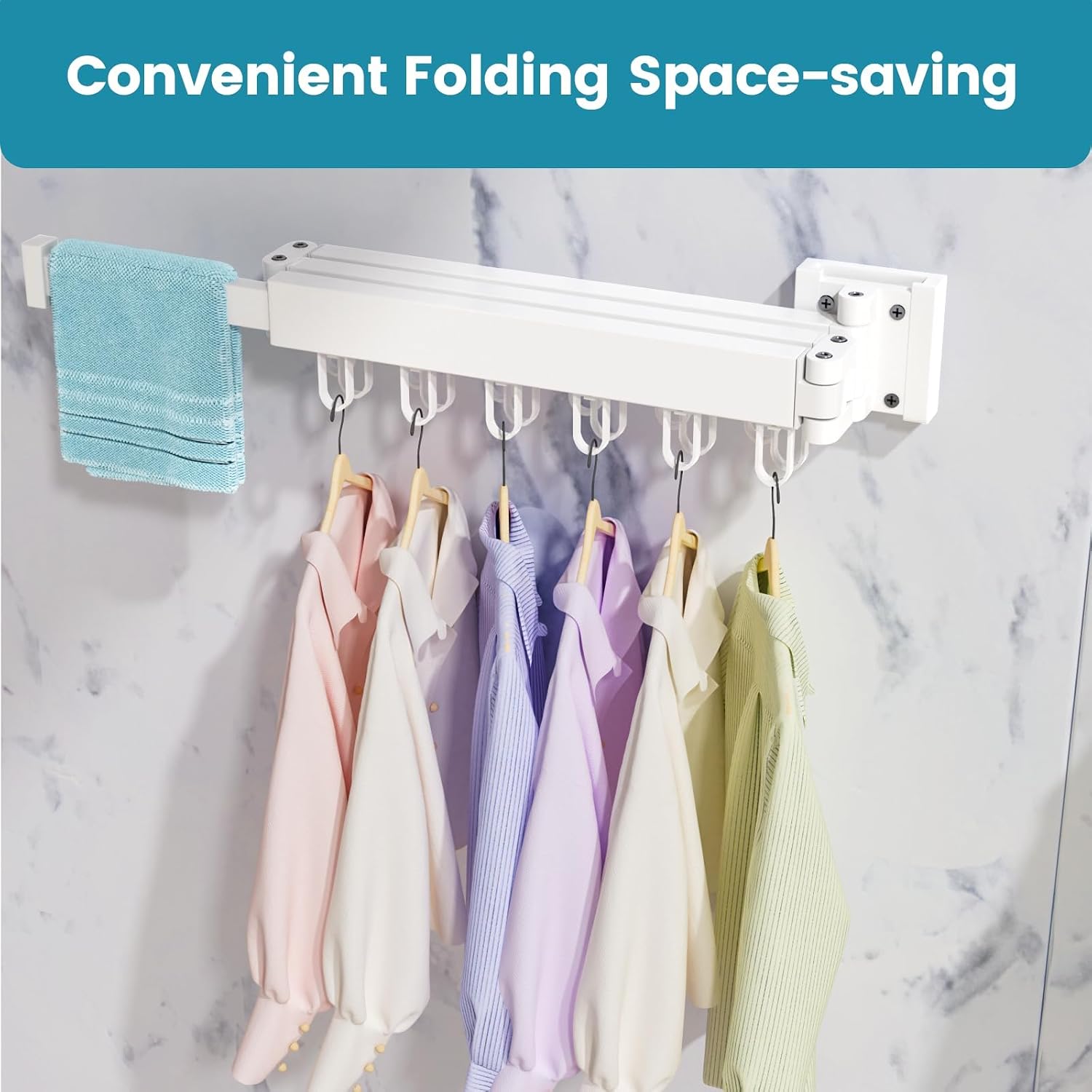 Abiglifty Clothes Drying Rack Wall Mounted, Laundry Drying Rack Collapsible, Foldable & Retractablewith 18 Hooks for Indoor/Outdoor Use inLaundry Room, Bathroom & Balcony (White)