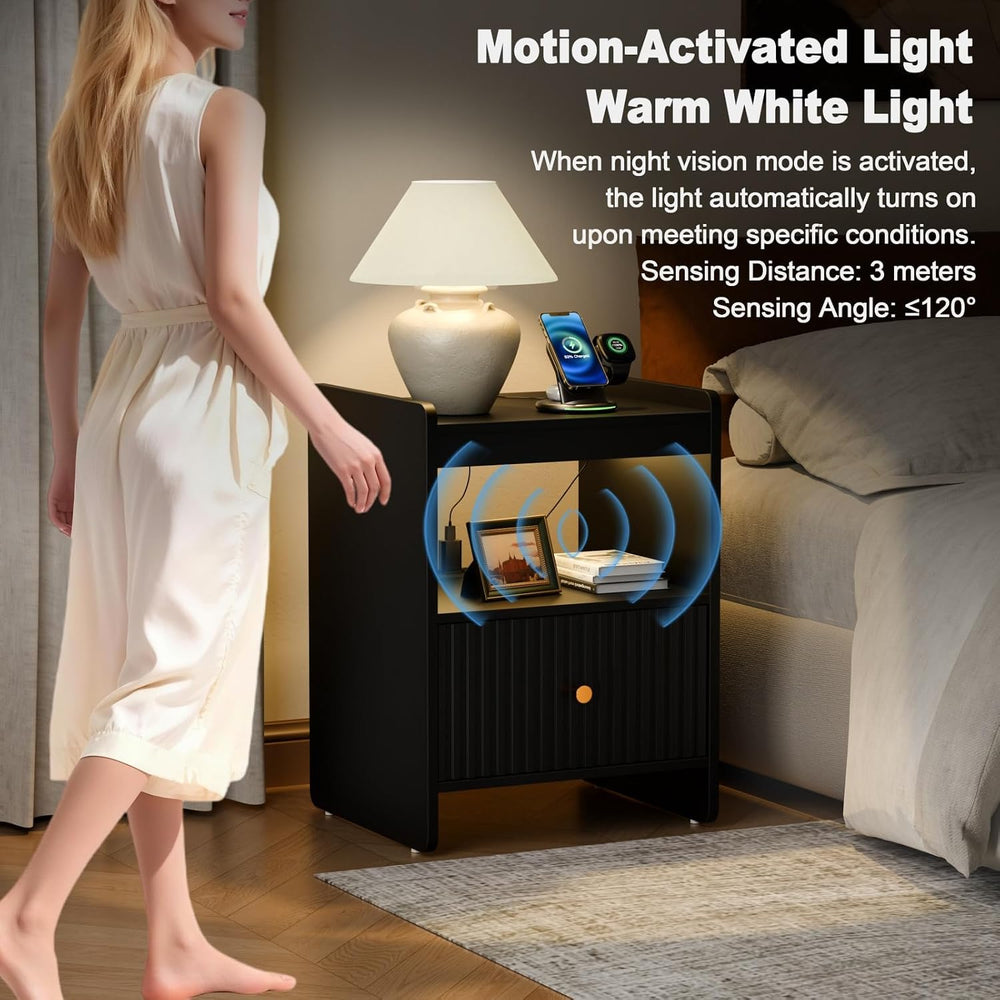 HIFYOBRO 21.6" Fluted Nightstand, End Table with Charging Station and LE...