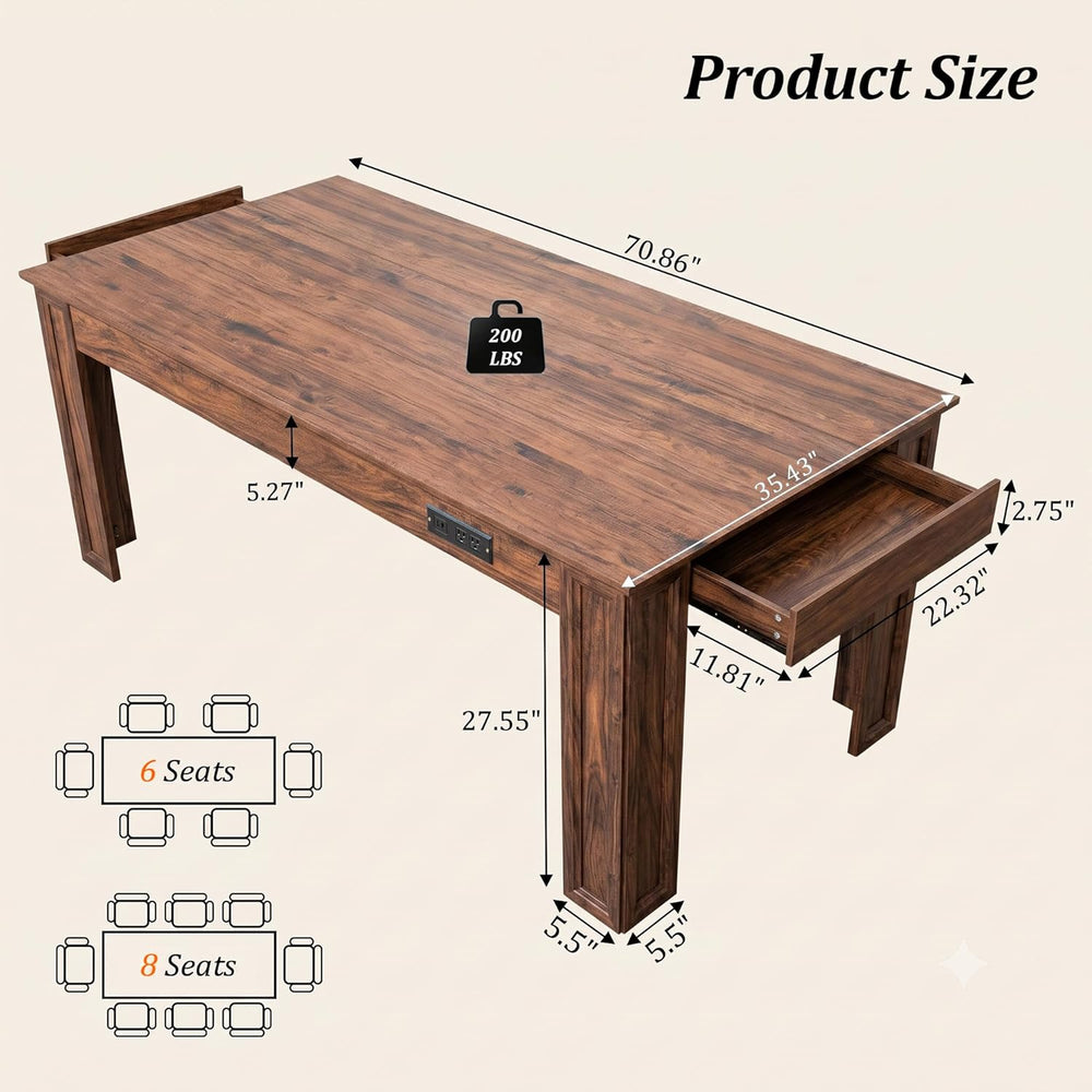 Farmhouse Dining Table for 6-8 People, 71-Inch Wooden Kitchen Table with 2 Dr...
