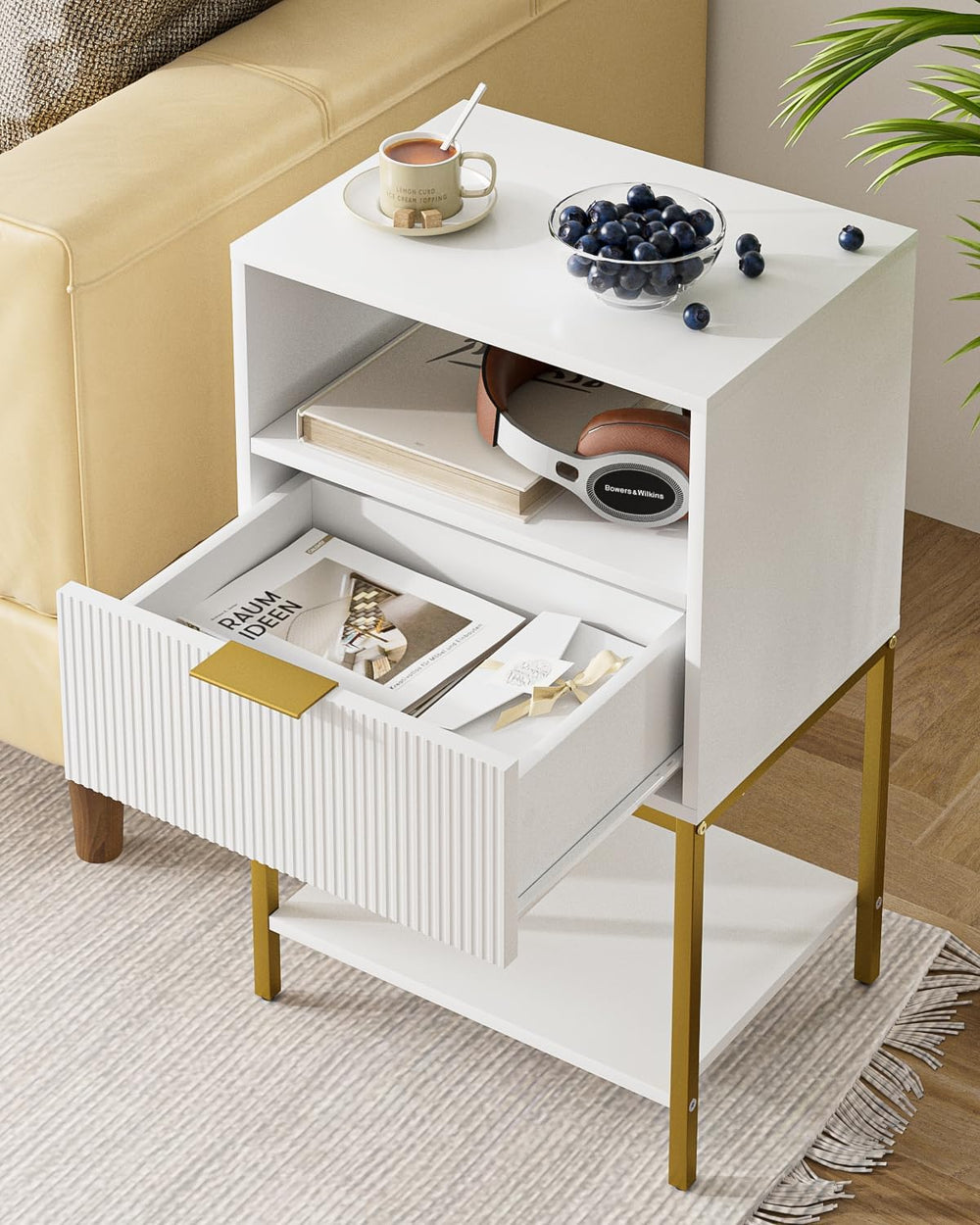 Nightstand,Modern Bedside Table with One Drawer and Two Shelf，White Night Sta...