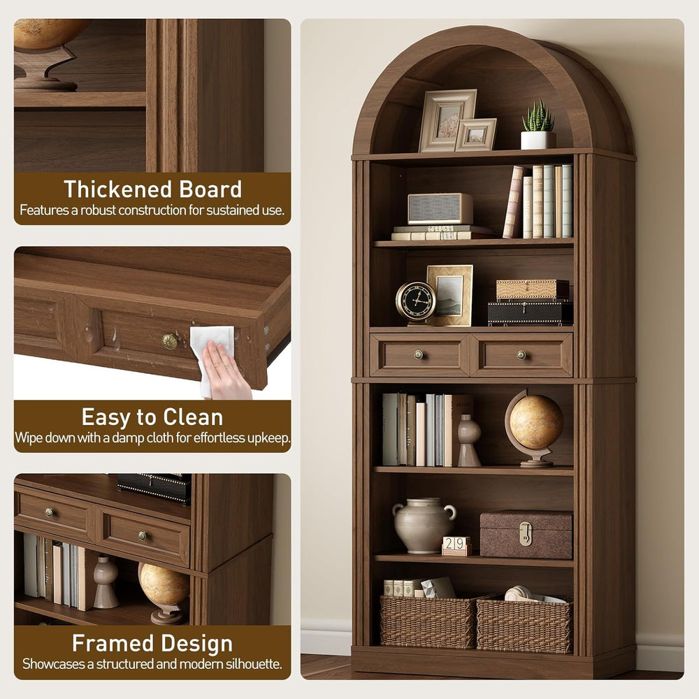 RALGEND Arched Bookshelf, 73" Tall Arch Bookcase with Drawer