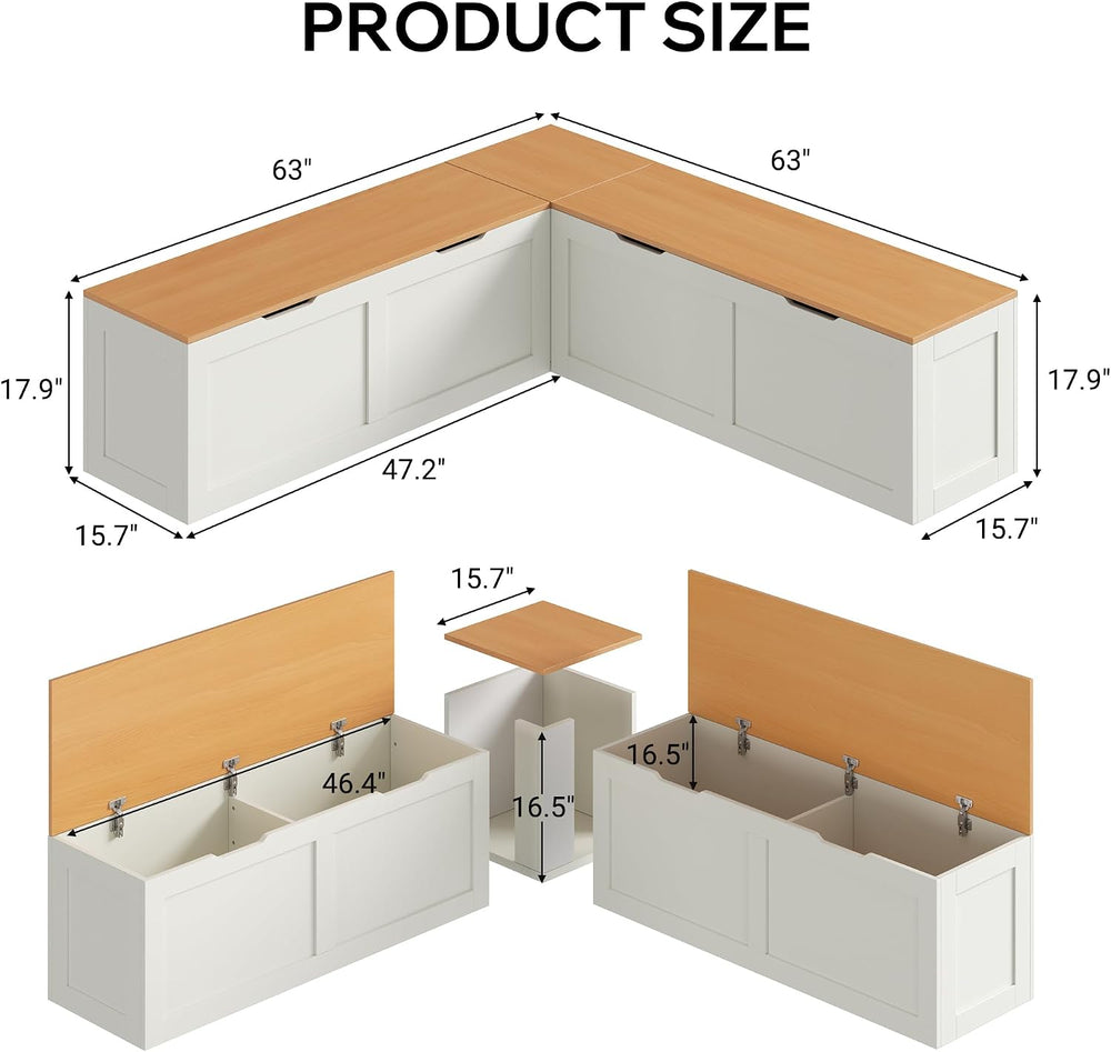 L Shaped Bench with Storage, 63" Breakfast Nook Benches, Wood Kitchen Co...