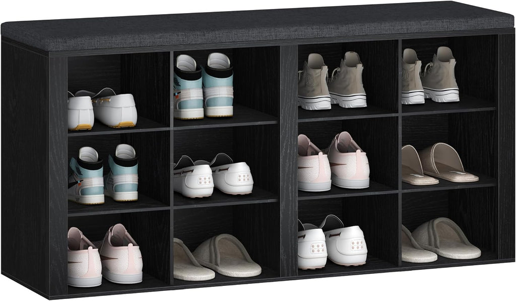 Hzuaneri Shoe Storage Bench with Cushion, Entryway 12-Cubby Shoe Rack | multifunction shoe organizer cabinet with adjustable shelves for hallway, bedroom, living room, Black SB19004GY