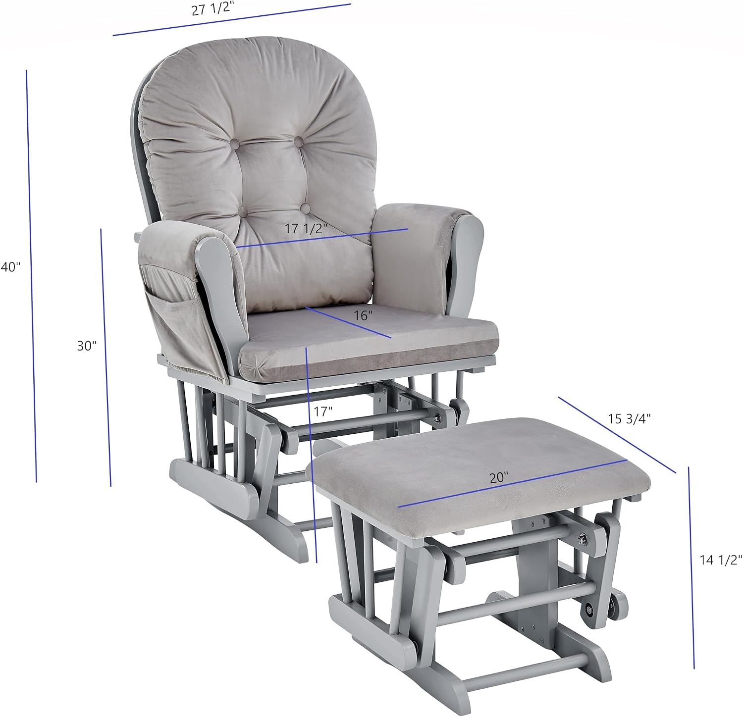 Glider and Ottoman Gray Wood and Light Gray Fabric