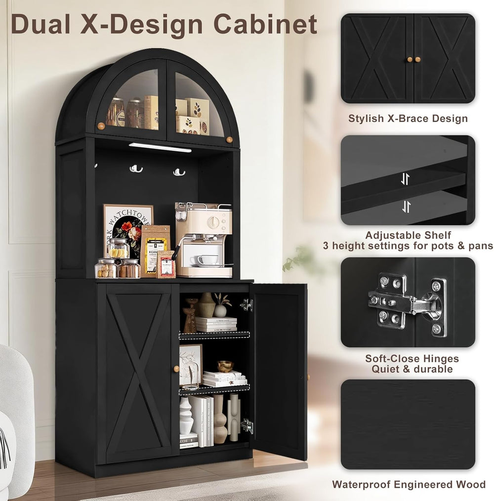 71" Tall Arched Kitchen Pantry Cabinet, Farmhouse Storage Cabinet with L...