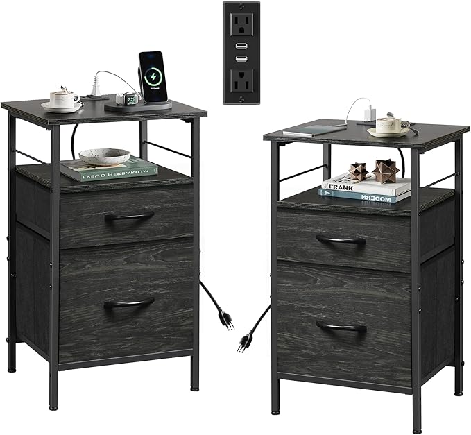 WLIVE Night Stand Set 2, Black Nightstand with Charging Station, Bedside Tabl...