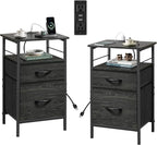 WLIVE Night Stand Set 2, Black Nightstand with Charging Station, Bedside Tables for Bedroom, Side Table with Fabric Drawers, USB Ports and Outlets
