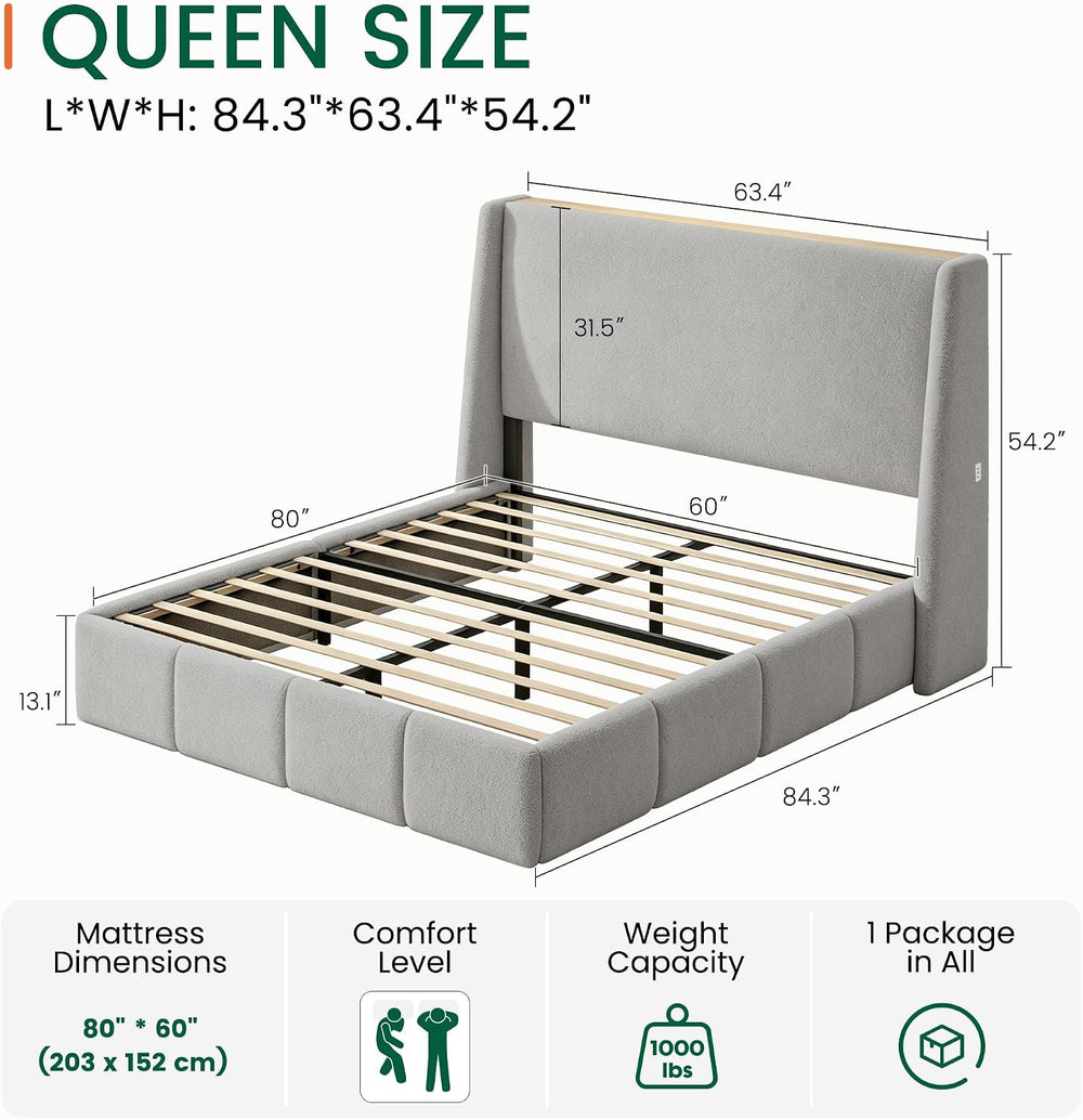 LARMACE Queen Size Bed Frame 54.2" Extra Tall Wingback Headboard, Lambsw...