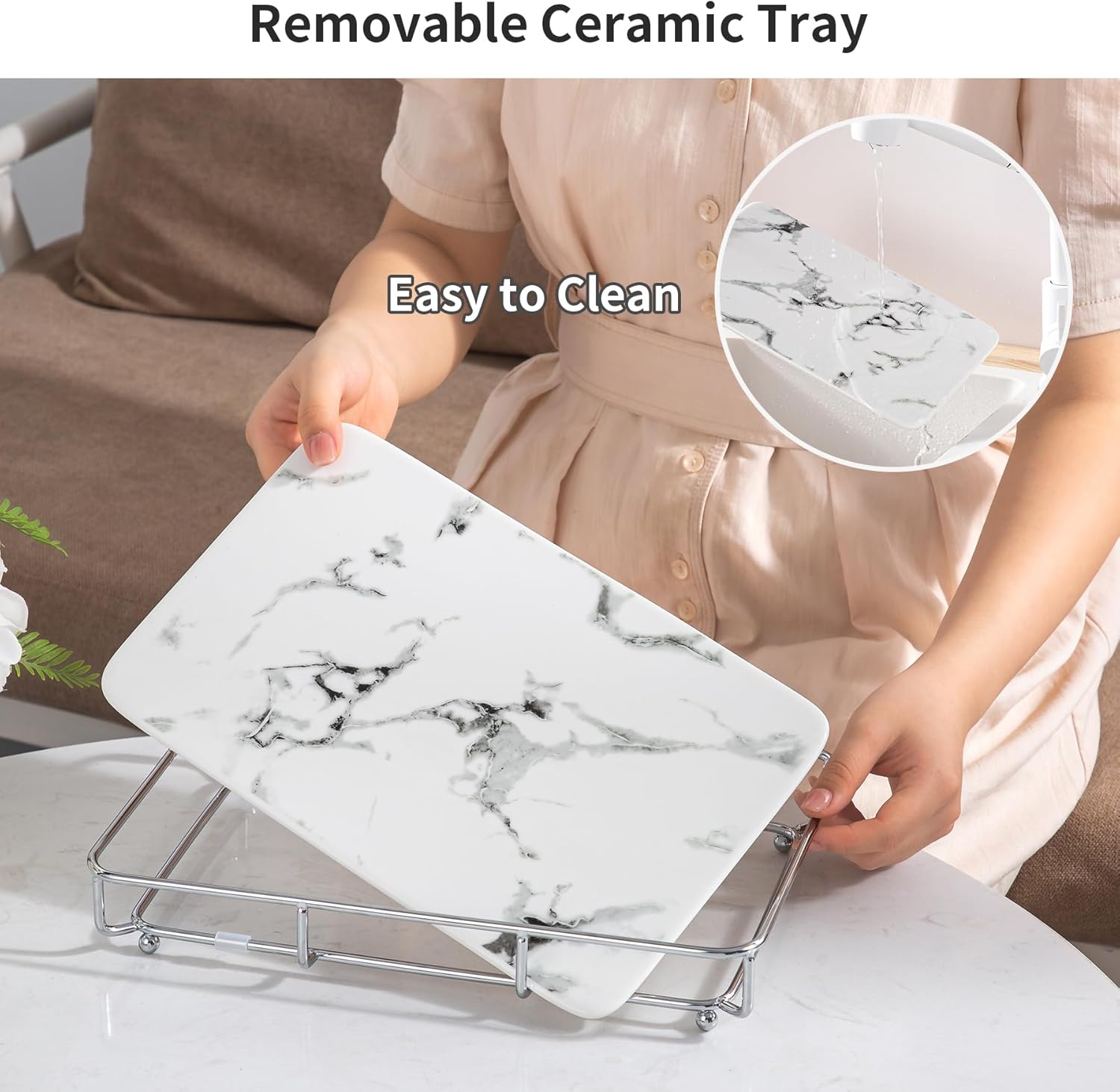 Vanity Tray Makeup Organizer Cosmetics Storage Bathroom Skincare Organizer Countertop Display Rack in Dresser Stainless Steel Shelf Marble Print Ceramic Trays