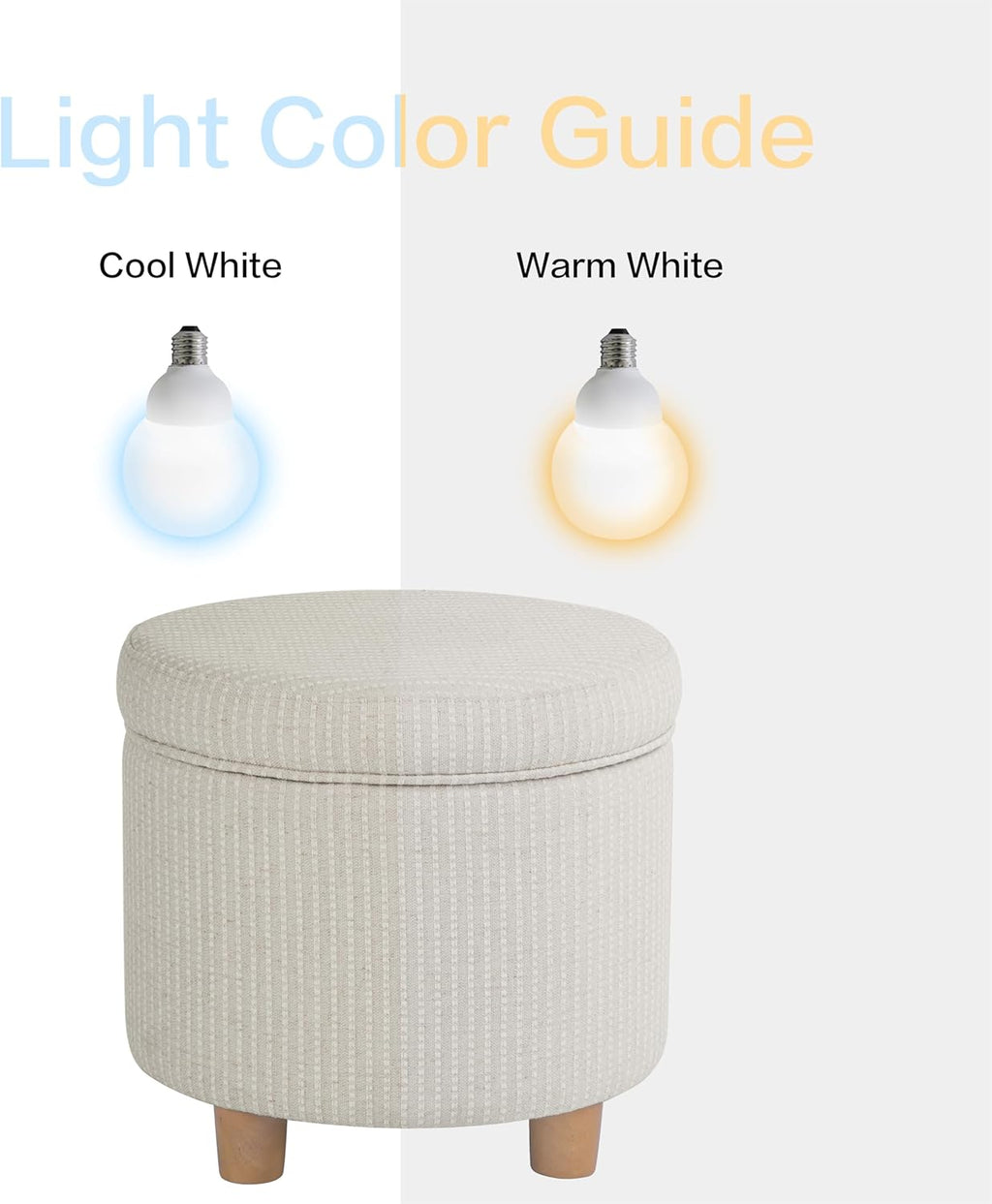 Homepop Home Decor | Upholstered Round Storage Ottoman | Ottoman with Storage for Living Room & Bedroom, White Woven Stripe