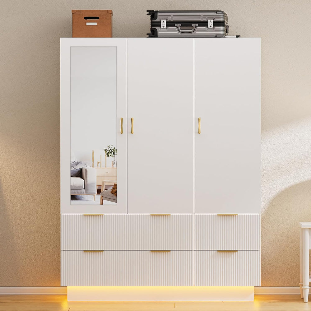 PAKASEPT Armoire Wardrobe Closet with 3 Door, Mirror, LED Lights | Hanging Ro...