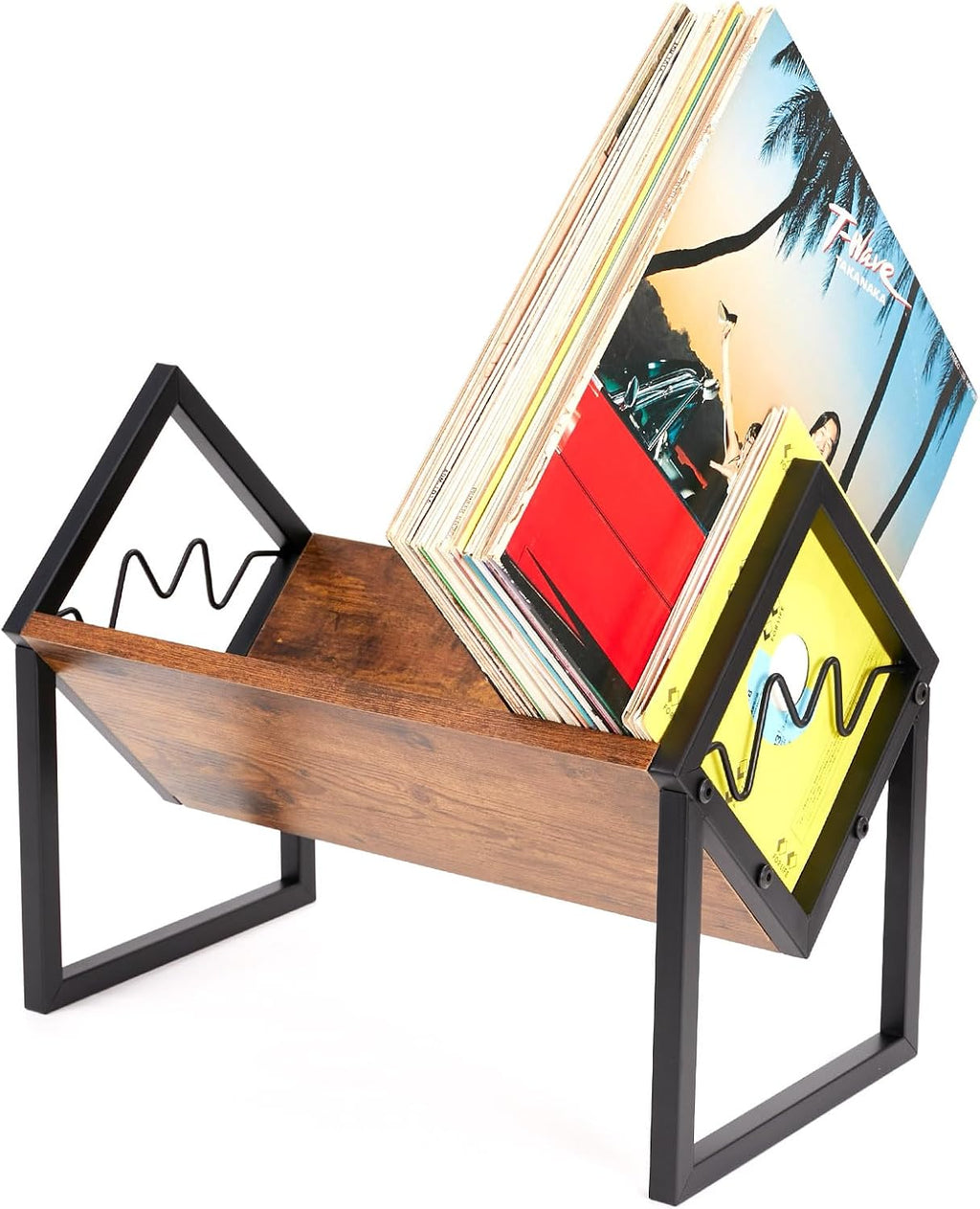 Wood Metal Vinyl Record Holder Stand,Records Storage with 40-50 LP | Heavy Duty Record Holder for Vinyl Albums Black