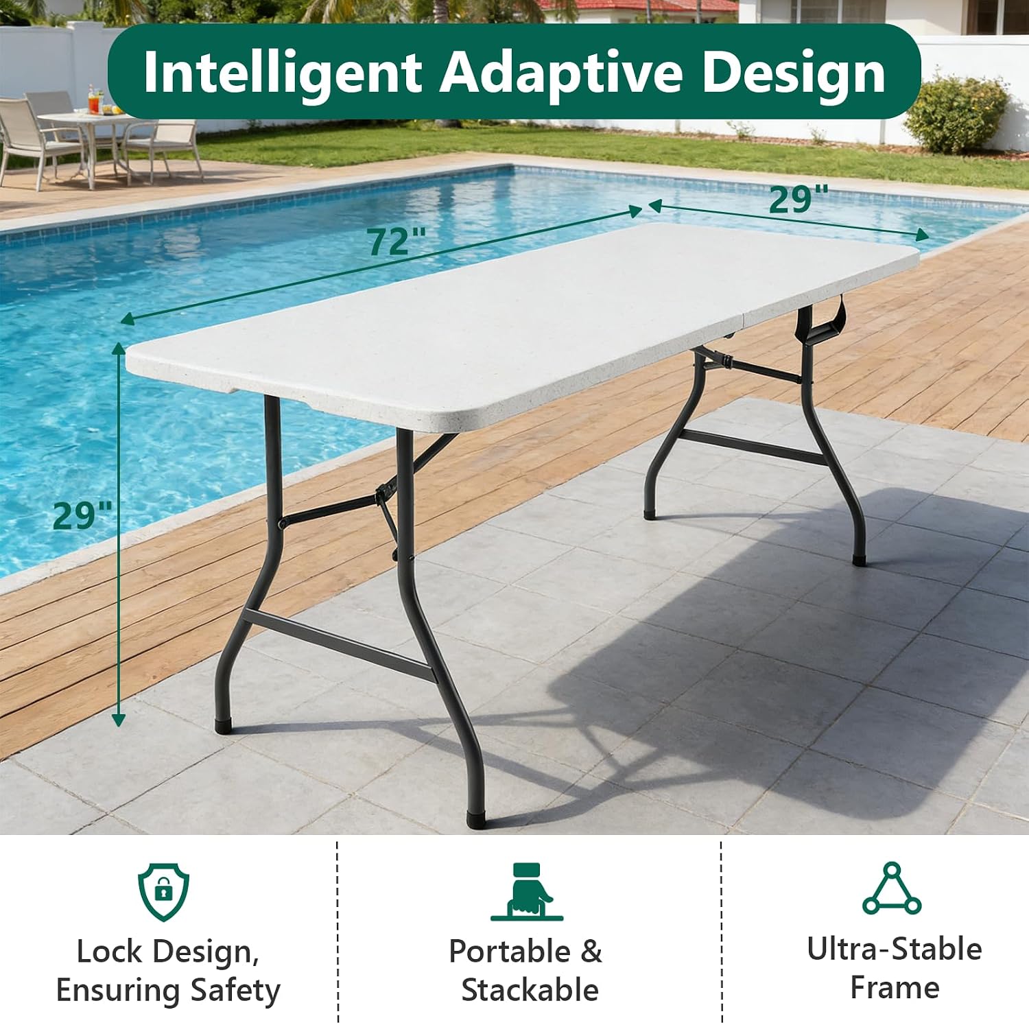 6ft Folding Table, Foldable Picnic Table Portable Table for Indoor Outdoor Use Heavy Duty Plastic Table Camping Table with Carry Handle for Party, BBQ, White