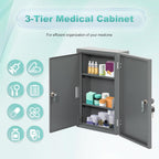 biosp First Aid Wall Mount Medicine Cabinet with Lock, Steel Drug Cabinet with Double Door, Locking Narcotics Safe, 3 Tier Emergency Box, Secure Steel Lock Box for Medication, Grey