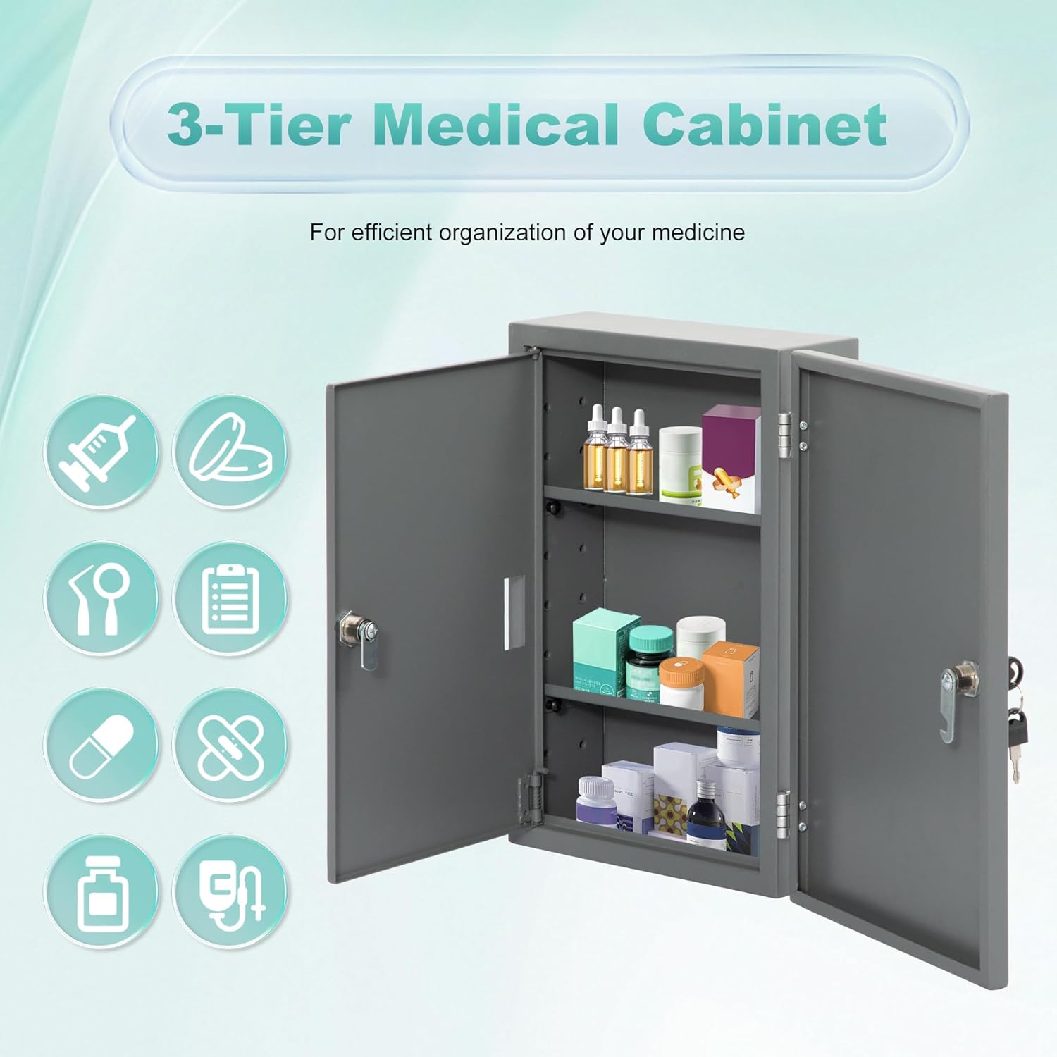 biosp First Aid Wall Mount Medicine Cabinet with Lock, Steel Drug Cabinet with Double Door, Locking Narcotics Safe, 3 Tier Emergency Box, Secure Steel Lock Box for Medication, Grey