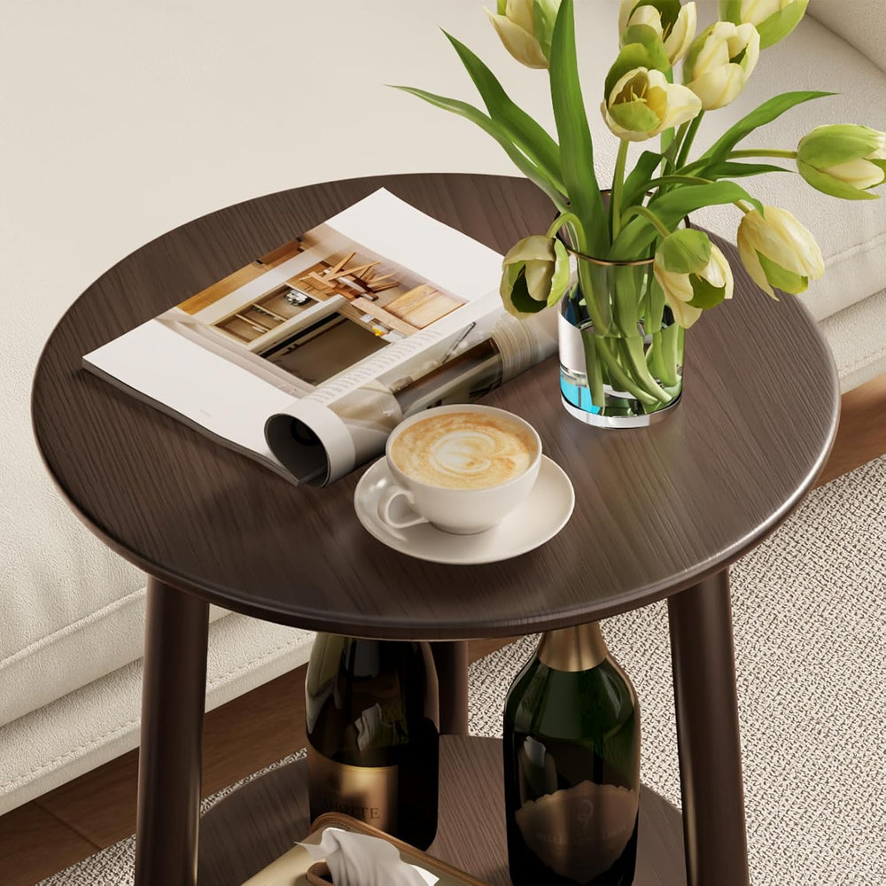 Round End Table,Solid Wood Small Round Table with Lower Shelf,Round Side Tabl...