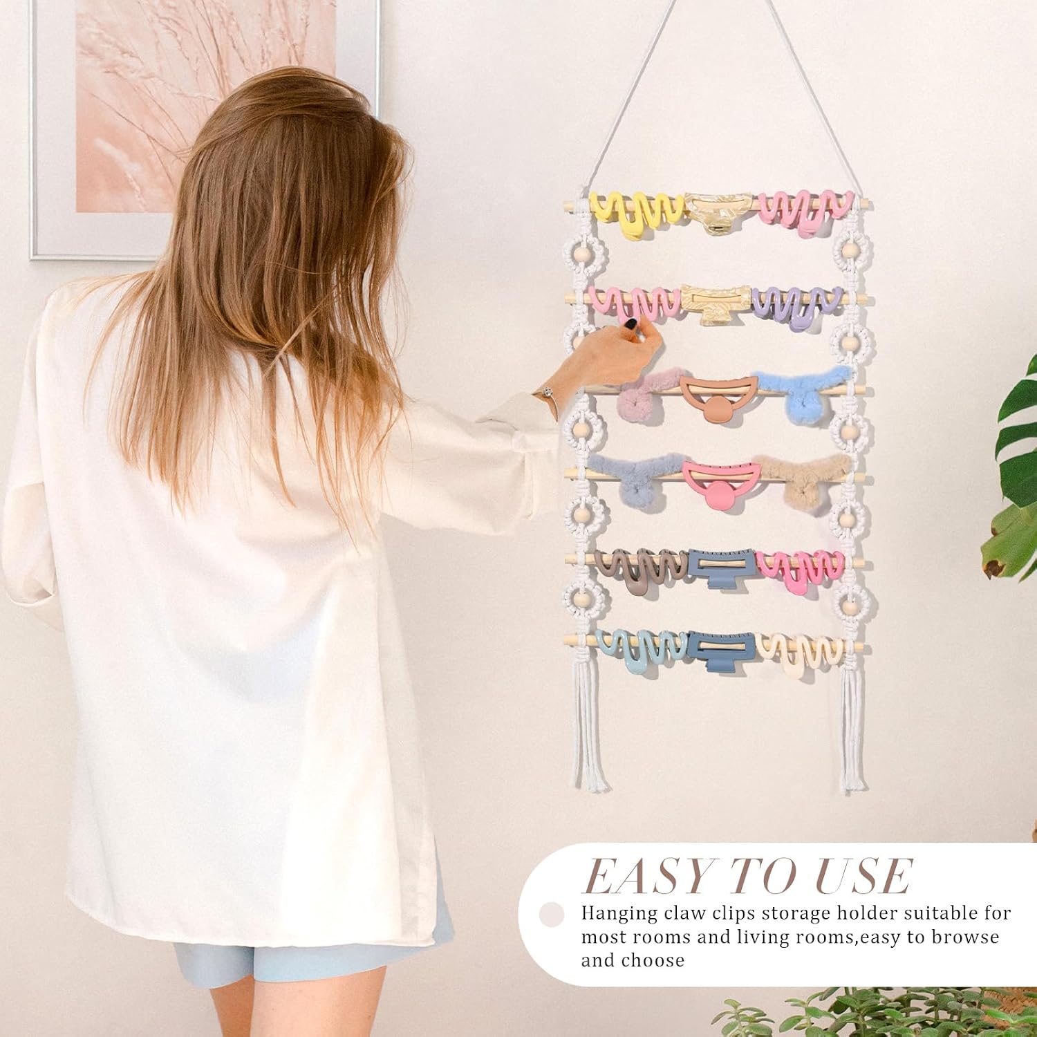 SNOWSTAR Macrame Hair Claw Clip Organizer,Hanging Hair Clip Holder and Storage for Women Girls,Claw Clip Hanger Home Decor for Wall,Door,Closet