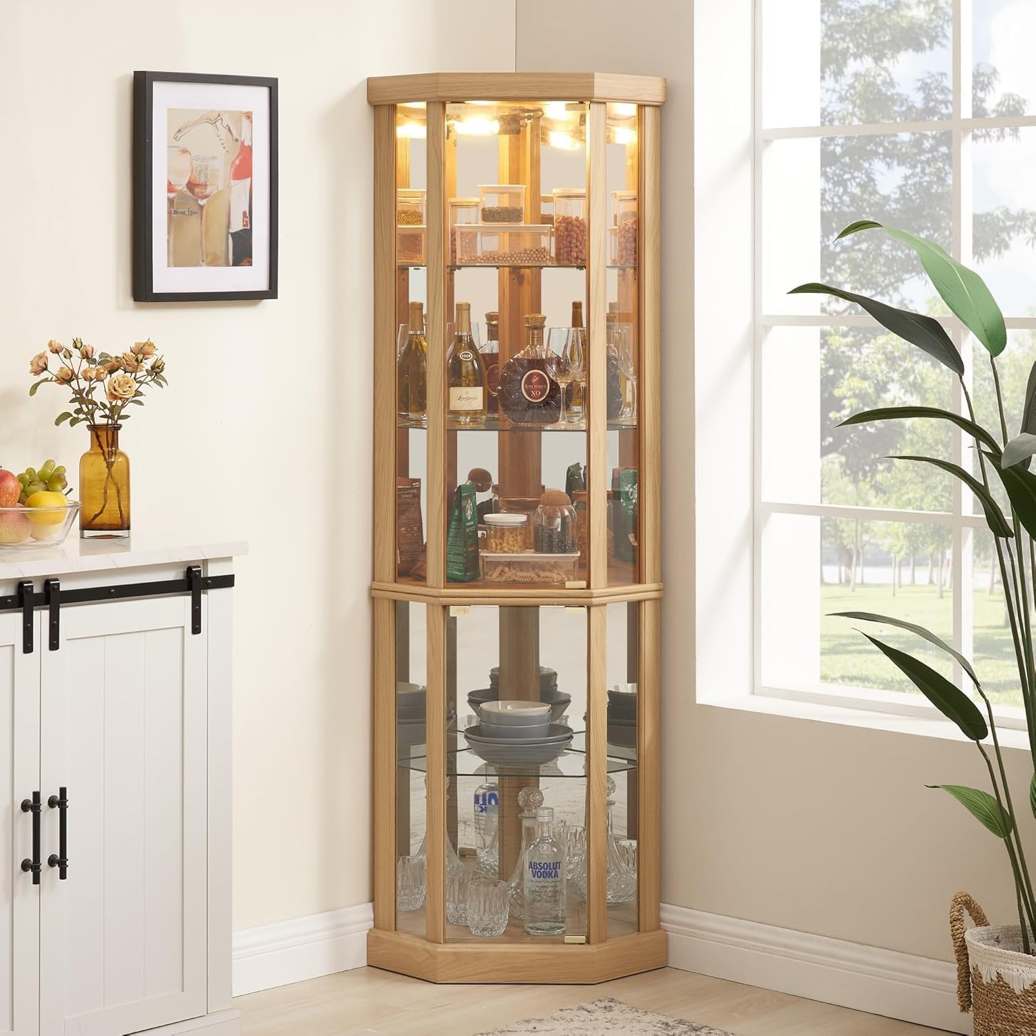 70" Lighted Corner Curio Cabinet,Inside Mirror Corner Glass Display Case with Tempered Glass Door for Living Room, Antique Collectibles, Wine & Bar Glass Storage, Lights Included