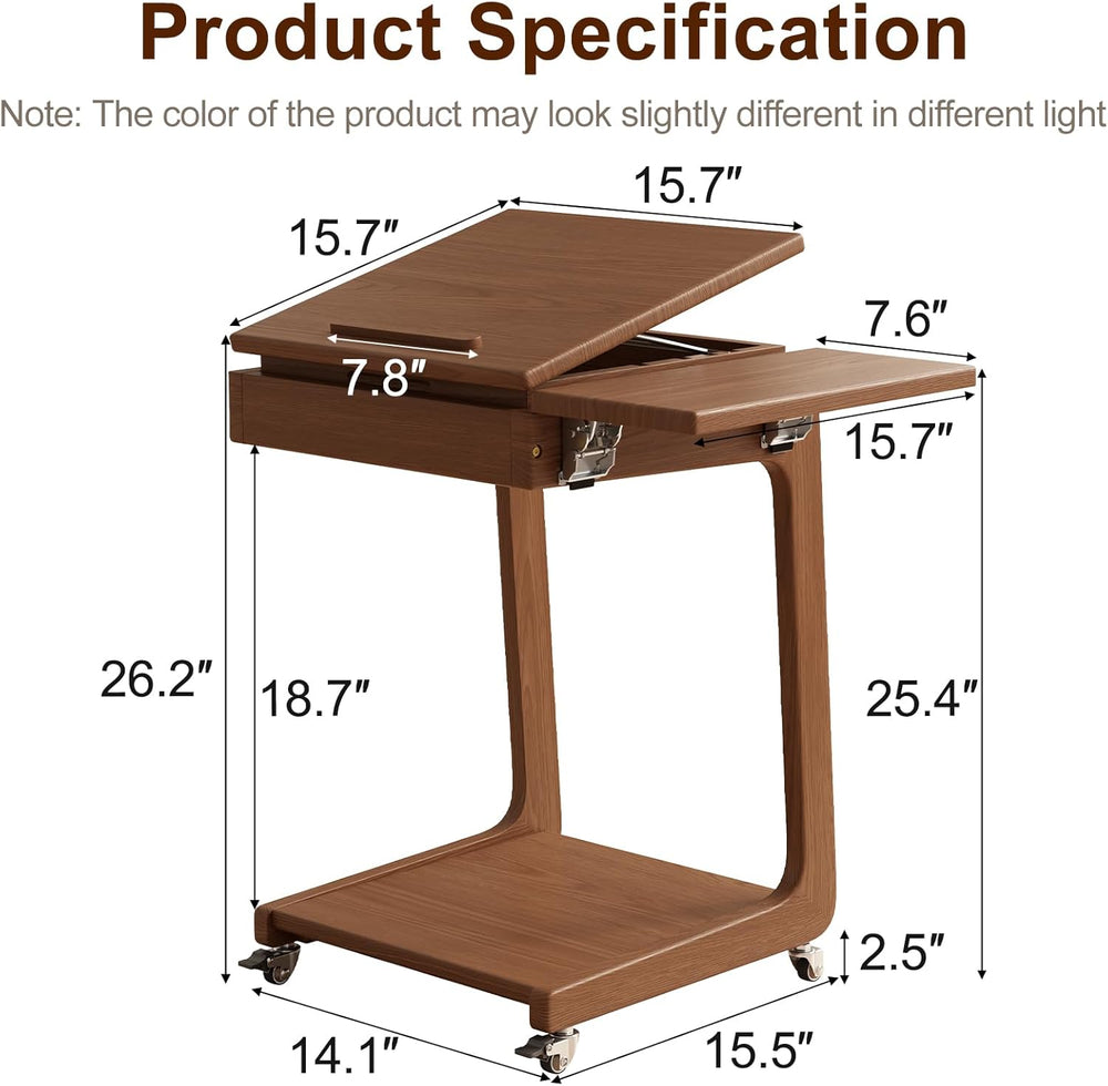 Solid Wood C Shaped End Table for Couch,Walnut C Table with Wheels,Rolling Si...