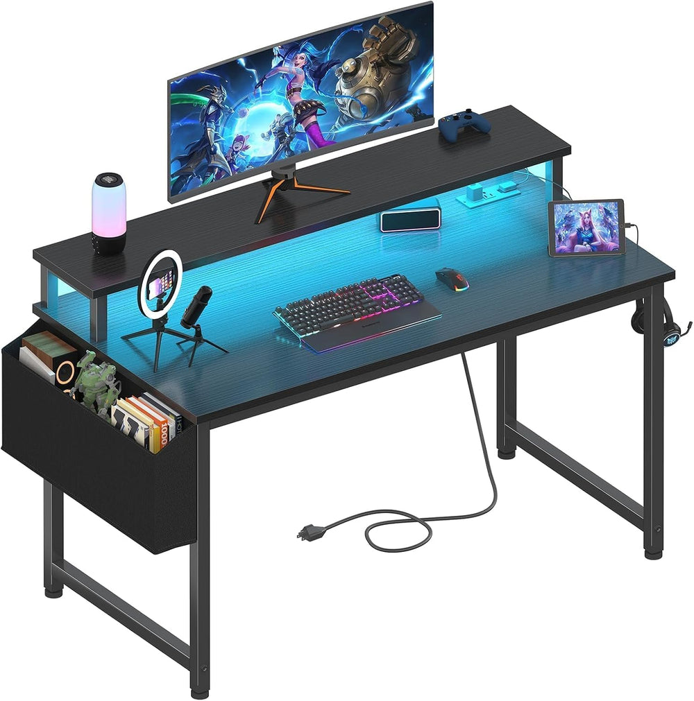 Lufeiya Black Gaming Desk with LED Lights and Power Outlets, 40 Inch Teen Wri...