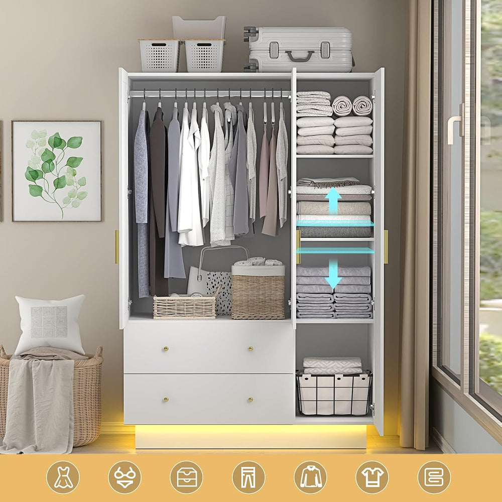 chartustriable 3 Doors Armoire Wardrobe Closet with Mirror, LED Armoire with ...