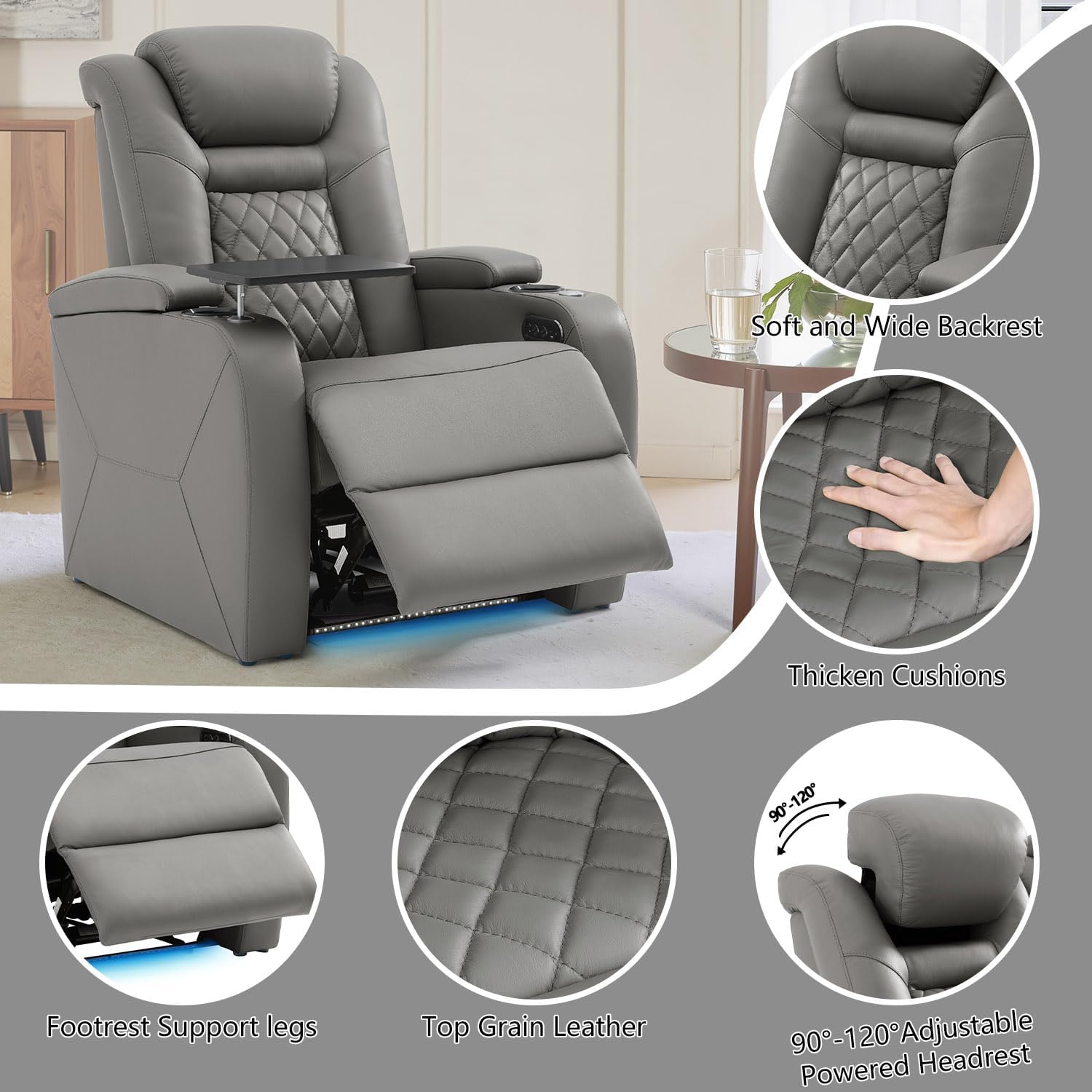 Home Theater Seating, Classic Series Leather Movie Theater Chairs, Power Headrest and Memory with C-Type USB Charger, 7-Color Ambient Lighting and Tray Table, Gray Power Adjustable Recliner(Row of 2L)
