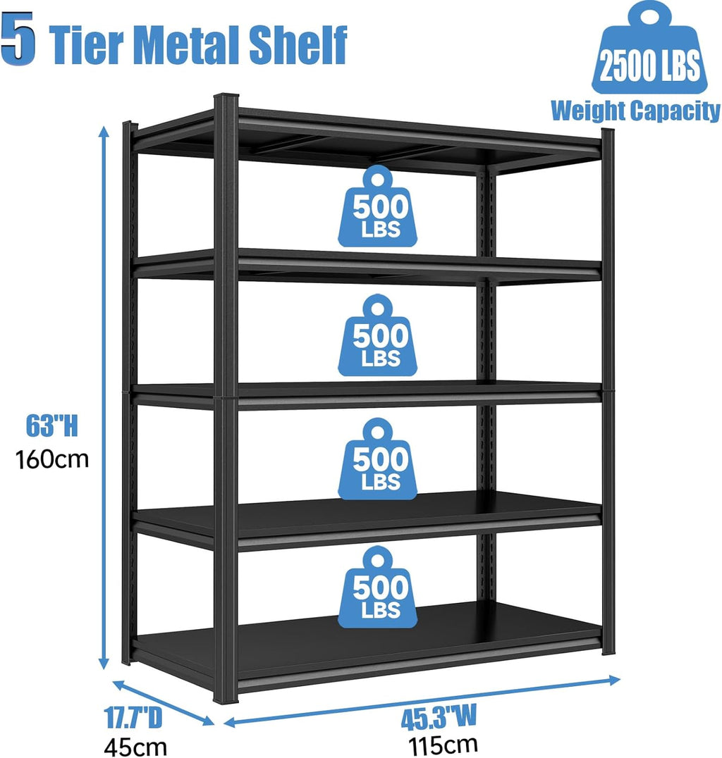 Garage Storage Shelves,5 Tier Shelving Unit, 40 inch Wide, 18” Deep, 78” Tall Organizer Metal Shelf for Basement/Laundry/Pantry Heavy Duty, Adjustable,Easy to Install (5Tier-45.3"WX17.7"DX63"H)