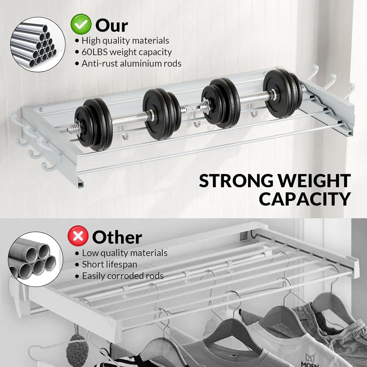 BAKON Wall Mounted Drying Rack, Indoor Outdoor Foldable Wall Mounted Clothes Drying Rack, Concealed Wall Drying Rack - Space Saving for Storage and Drying Clothes, 6 Hooks, 5 Poles (31.5"【Upgrade】)