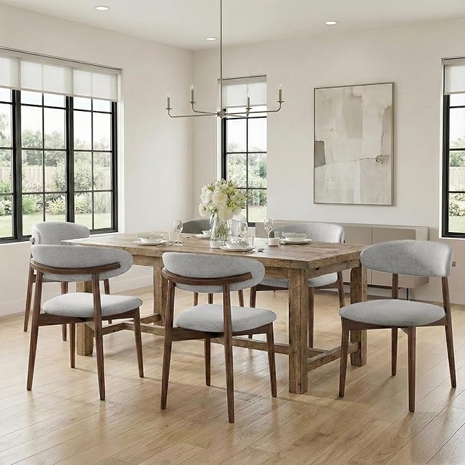 Dining Room Chairs Set of 6, Upholstered Farmhouse Dining Chairs, Modern Fabric Kitchen Chairs with Solid Wood Leg,Light Grey