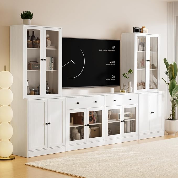 TUSY 71" TV Stand Storage Set - 2 Tall Bookcases & 2 Side Cabinets, Media Console with Glass & Wood Doors, Entertainment Center with Drawers, Tall Media Console for Living Room (White, AFFA)