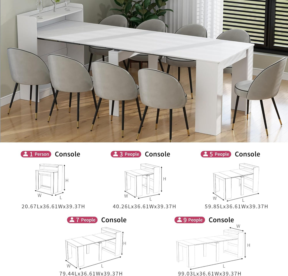 Transformer Extendable Dining Table for 2-10 People with storage, White | Exp...