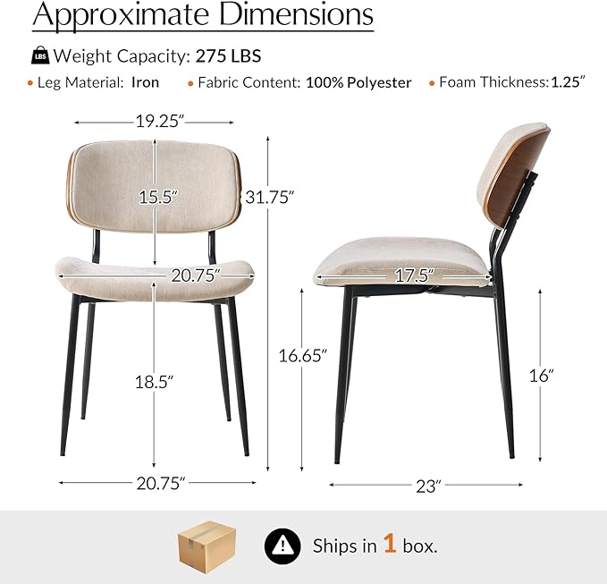 HULALA HOME Dining Chairs Set of 2 Mid-Century Modern Upholstered Kitchen Dining Room Chairs with Wood Curved Backrest, Black Metal Legs Fabric Dinner Chair for Living Room Cafe Restaurant Linen