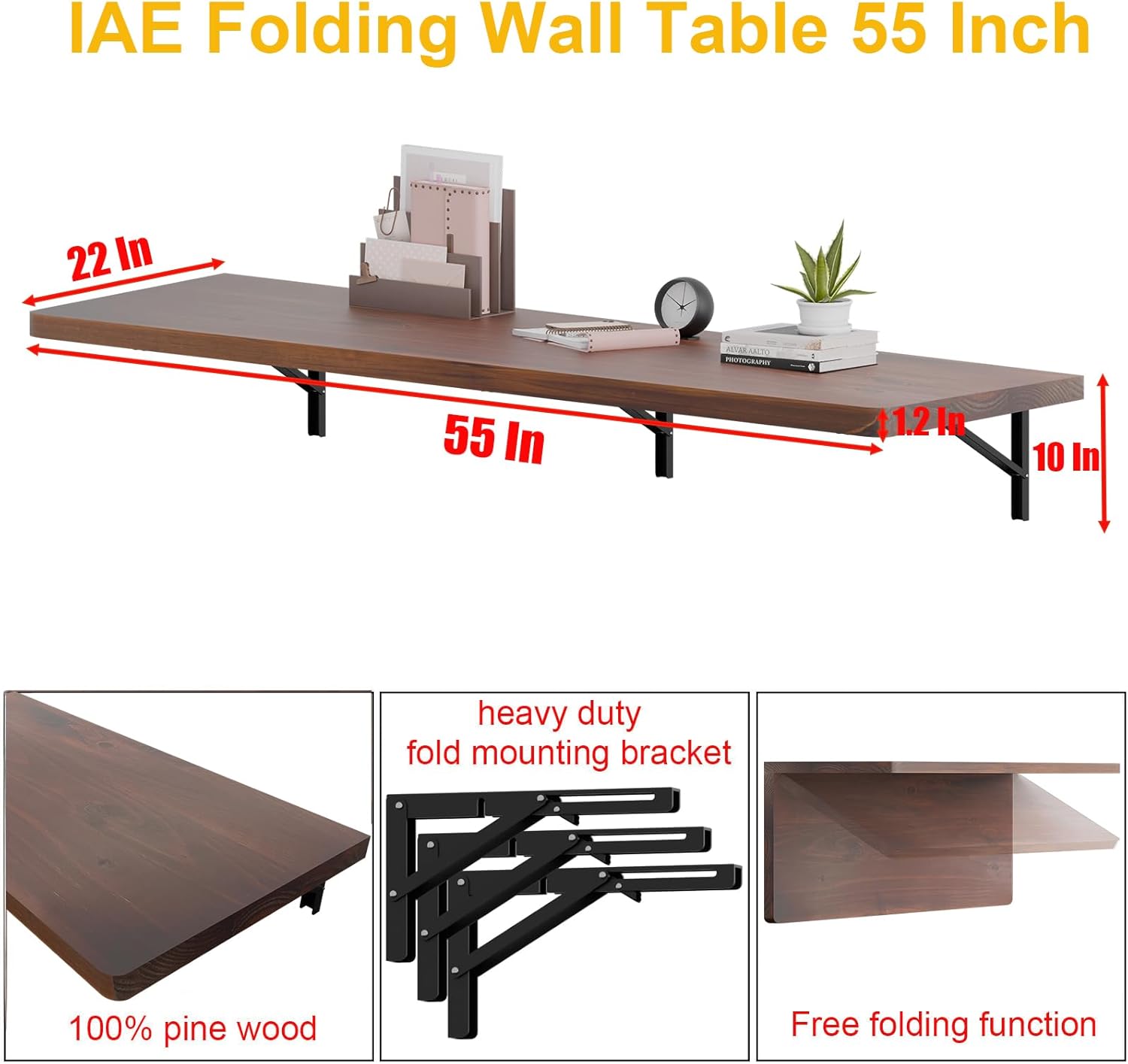 IAE Floating Wall Mounted Folding Table Desk with Pine Wood,55" x 22" Folding Workbench,Fold Down Wall Mounted Foldable Desk with Shelf Brackets,Laundry Table for Home,Dining,Office,Kitchen,Brown