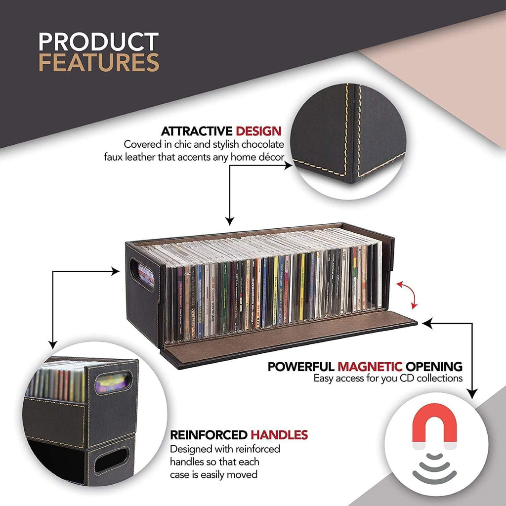 Stock Your Home 2- Pack CD Storage Box, Organizer Shelf for Movie Cases, DVDs, Cassette Tape Display Stand, Disc Holder Can Store Up to 40 CDs, Faux Leather (Brown)