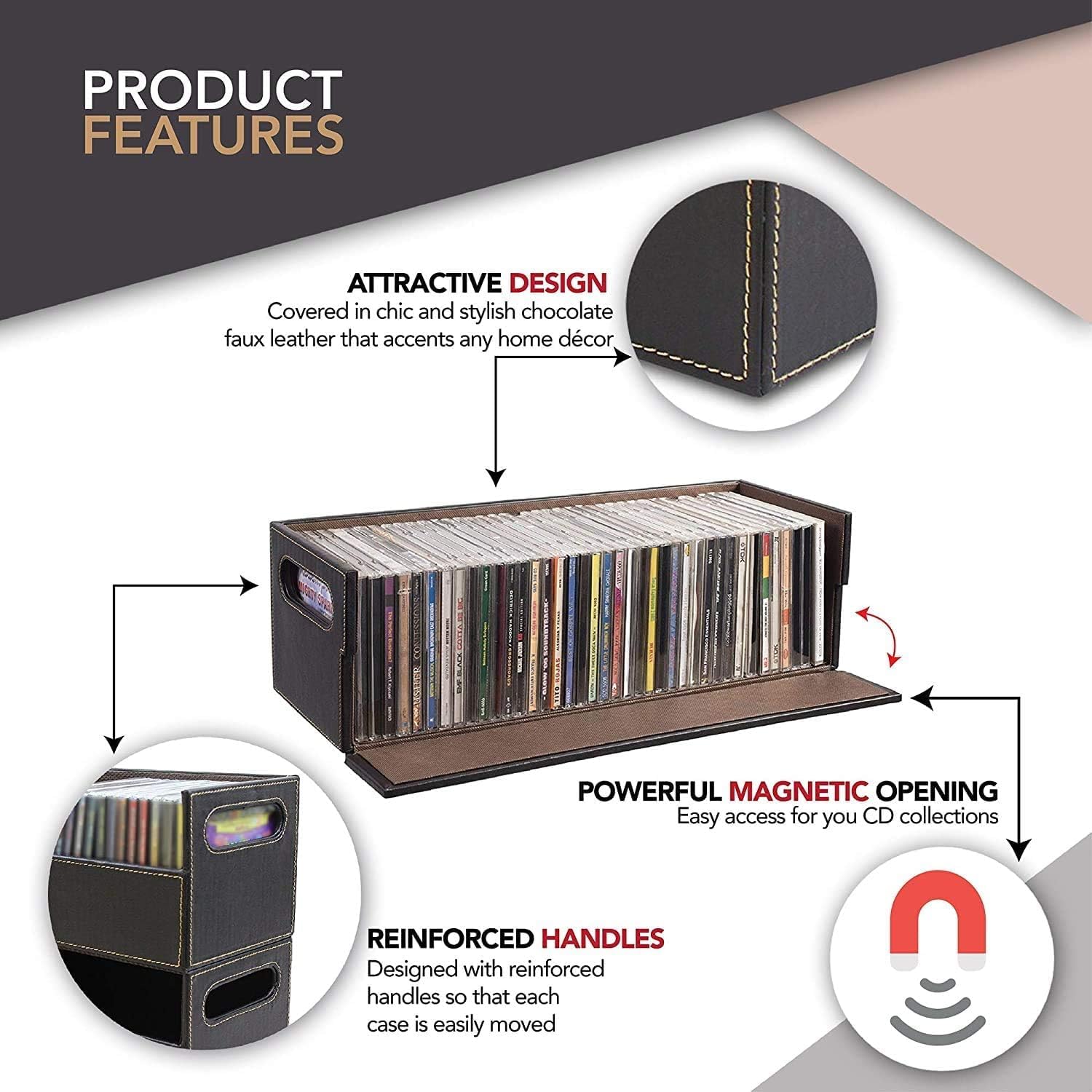 Stock Your Home 2- Pack CD Storage Box, Organizer Shelf for Movie Cases, DVDs, Cassette Tape Display Stand, Disc Holder Can Store Up to 40 CDs, Faux Leather (Brown)