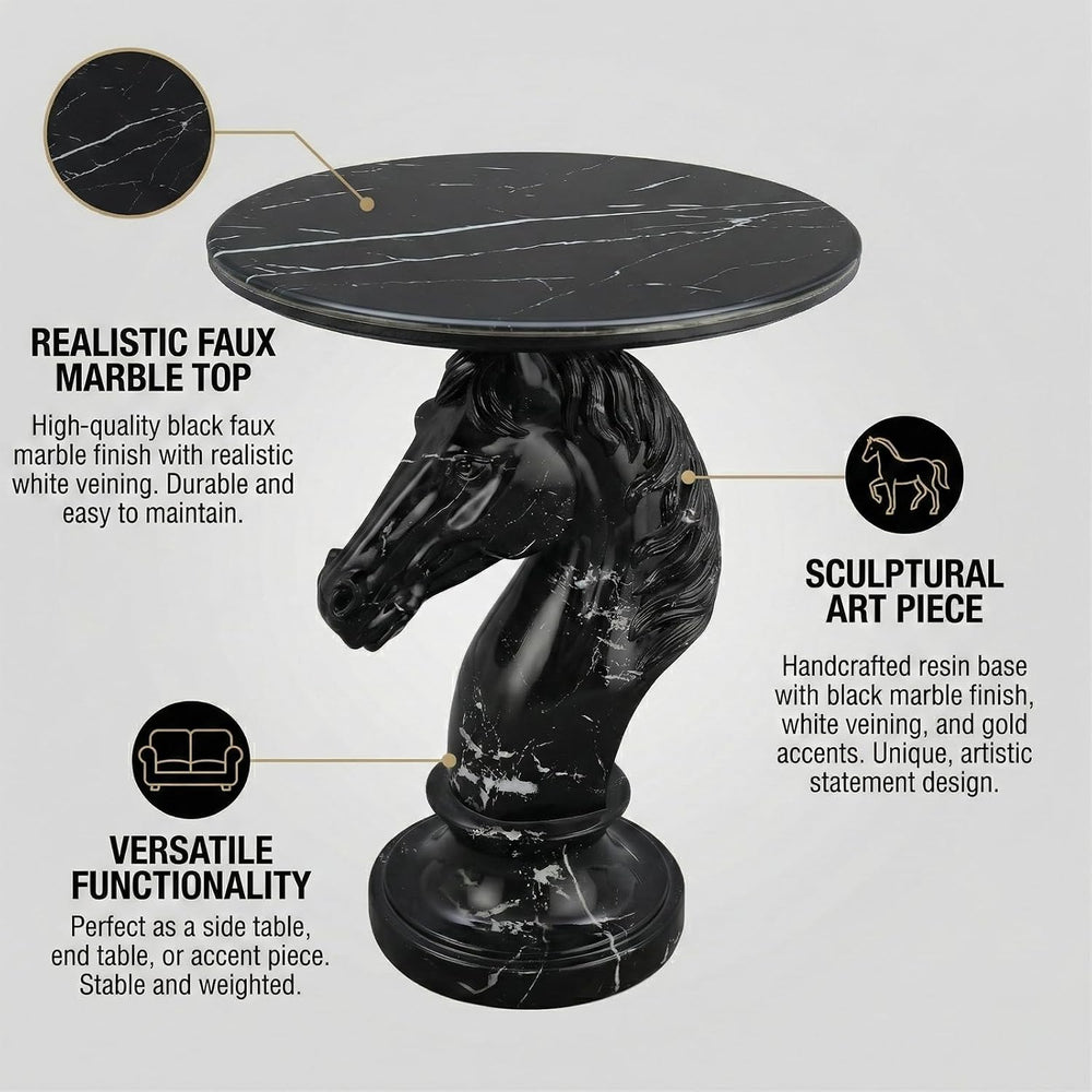 Horse Head Side Table, Faux Marble Round End Table with Resin Sculpture Pedes...