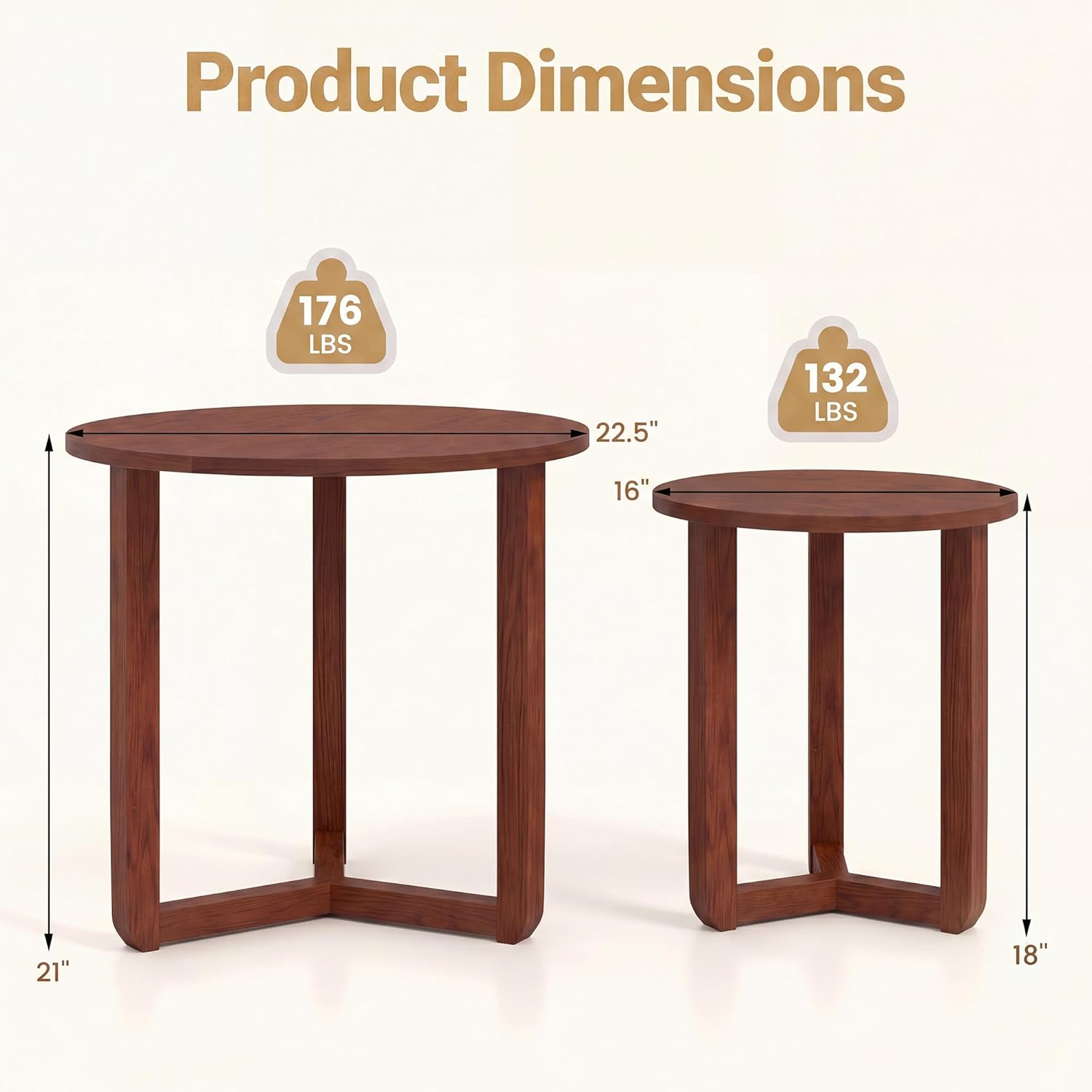 Tangkula Round Nesting Coffee Table Set of 2, Farmhouse End Tables with Solid Rubber Wood Tripod Legs, Compact Sofa Side Tables for Living Room Bedroom Small Spaces (Walnut)