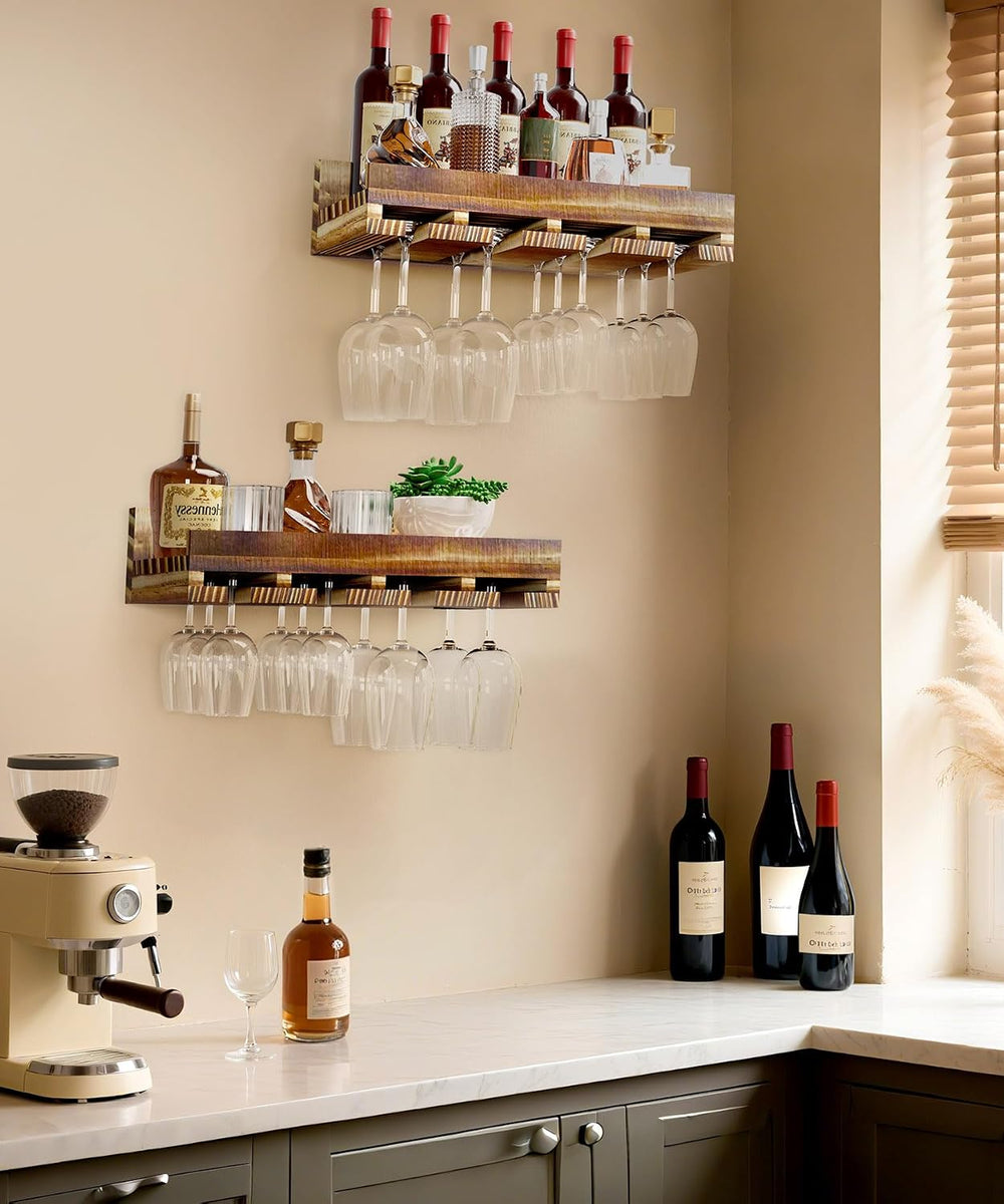 Homde Wall Mounted Wine Rack: 2-Pack Pine Wood Bar Shelf Set | Wine Storage f...