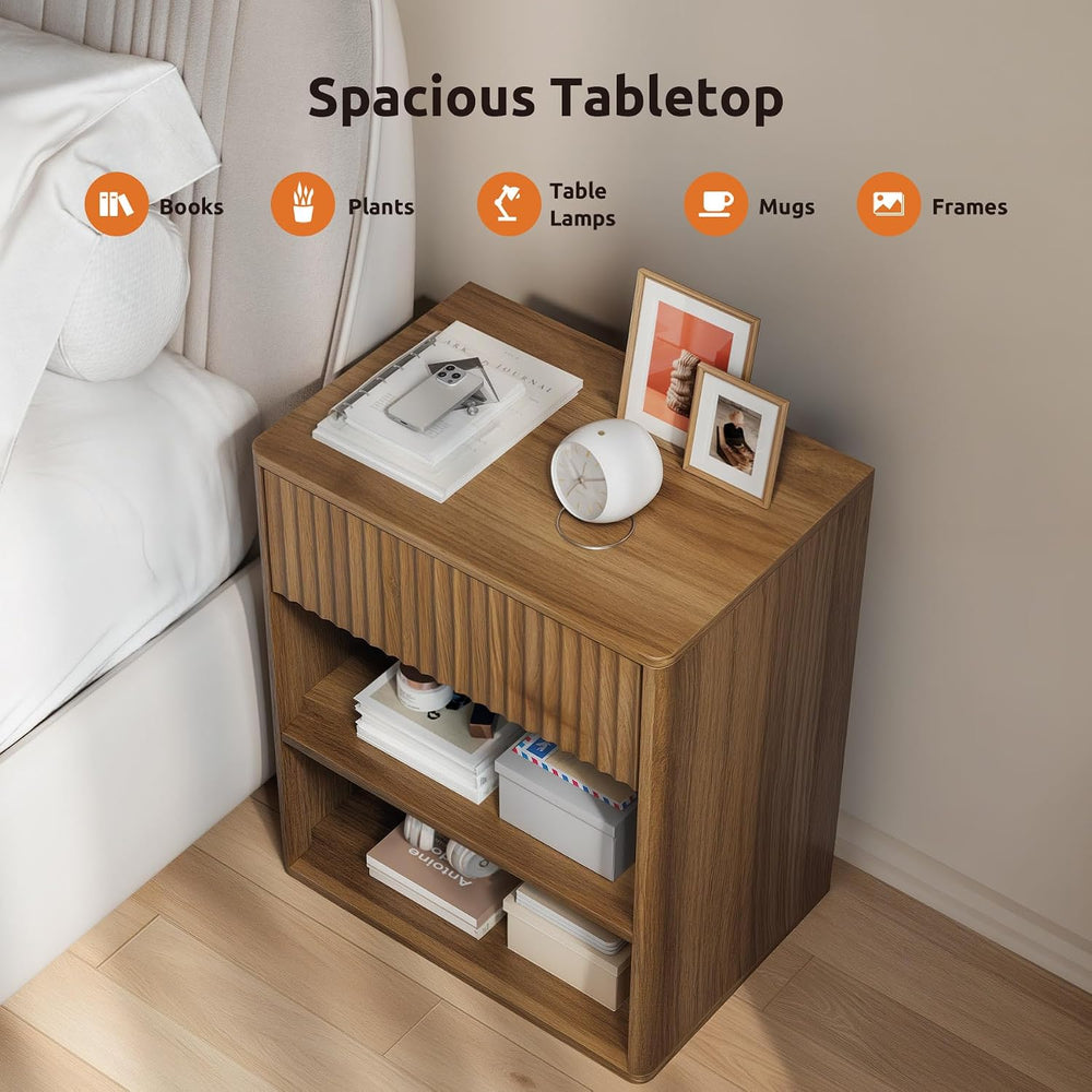 Nightstand Bedside Table Storage Drawer - Large Mid Century Modern Night Stan...