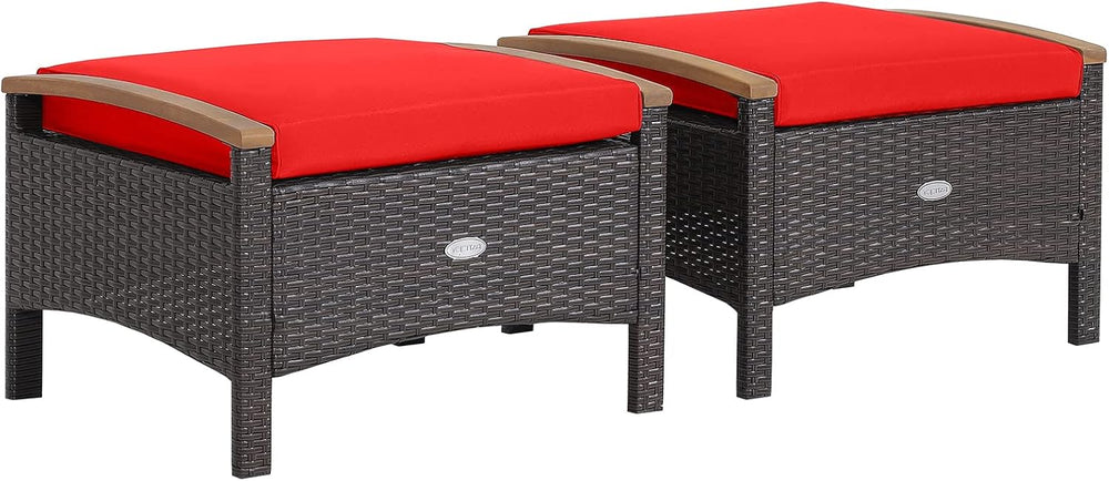 Tangkula 2 Piece Patio Rattan Ottomans, Outdoor Wicker Footstool w/Acacia Woo...