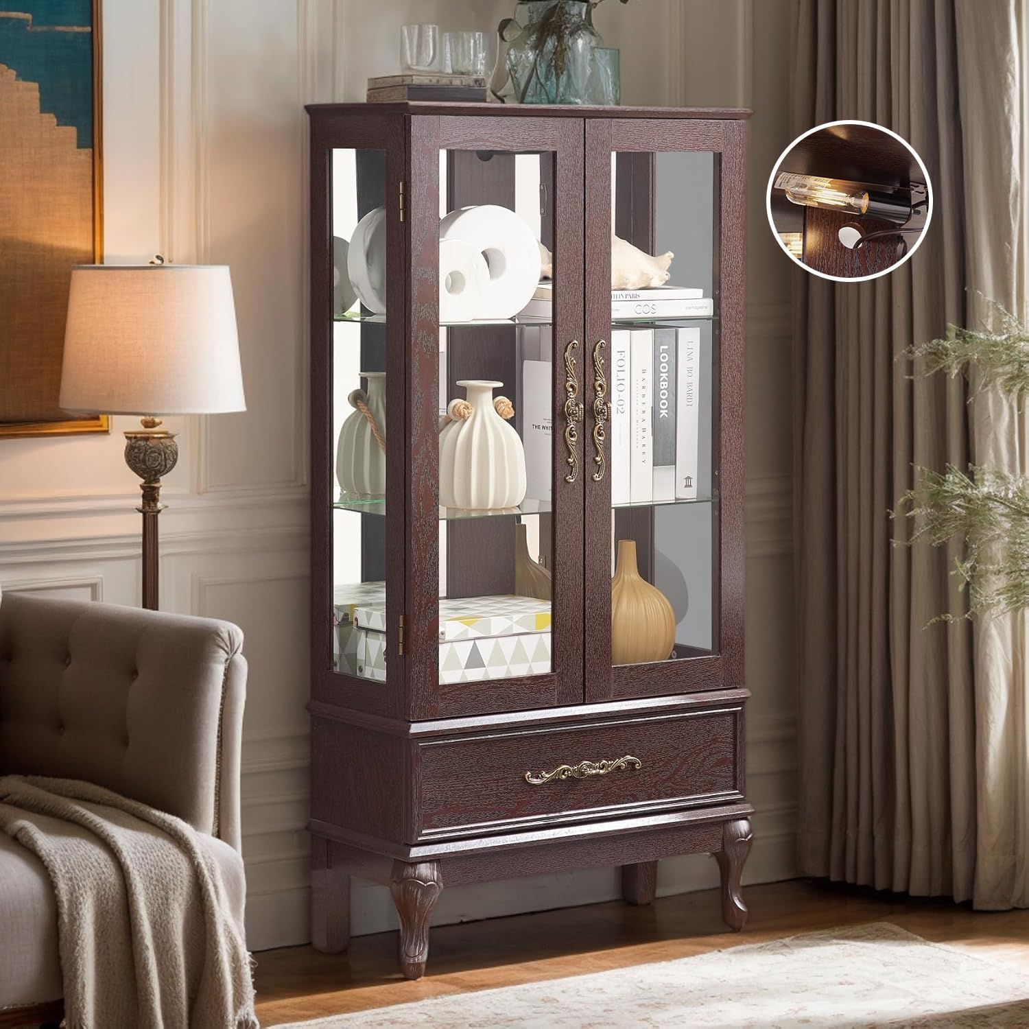 52" Lighted Accent Curio Cabinet, 3-Tier Antique Storage Cabinet with Tempered Glass Adjustable Shelves & Drawer, Acrylic Panel, Bulb Included, China Display Case for Living Room/Kitchen (Dark Cherry)