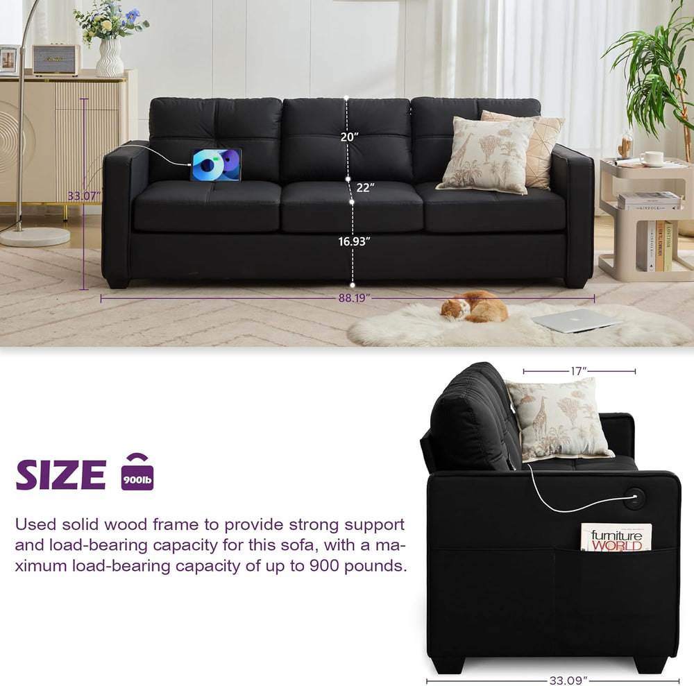 TYBOATLE 88" W Faux Leather Couches w/USB, Tufted Mid-Century Modern Com...